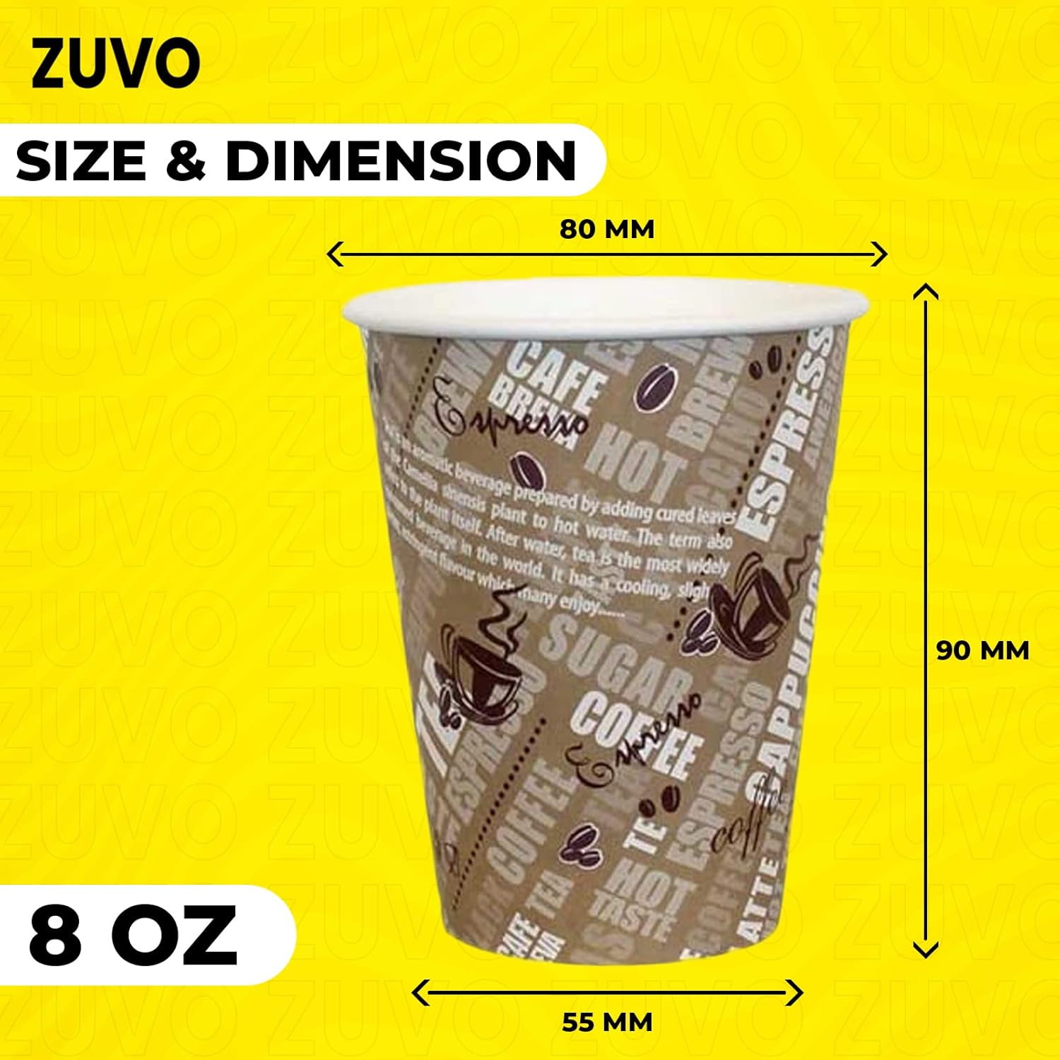 Zuvo Paper Coffee Cups 8oz - (50 Pack) - Printed Paper Cups for Hot & Cold Drinks - Eco Friendly Disposable Cups - 228ml