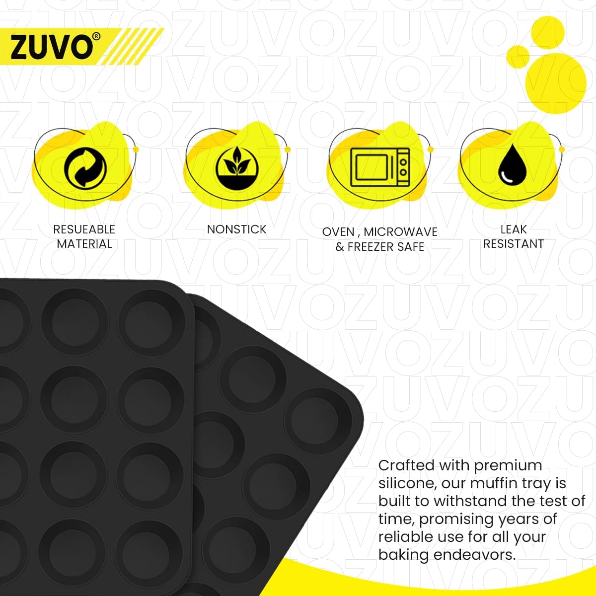 Zuvo Silicon Muffin Tray 12 Cups - Non Stick Black Baking Mold for Cupcakes and Brownies (23x31cm) - Perfect Baking Tray