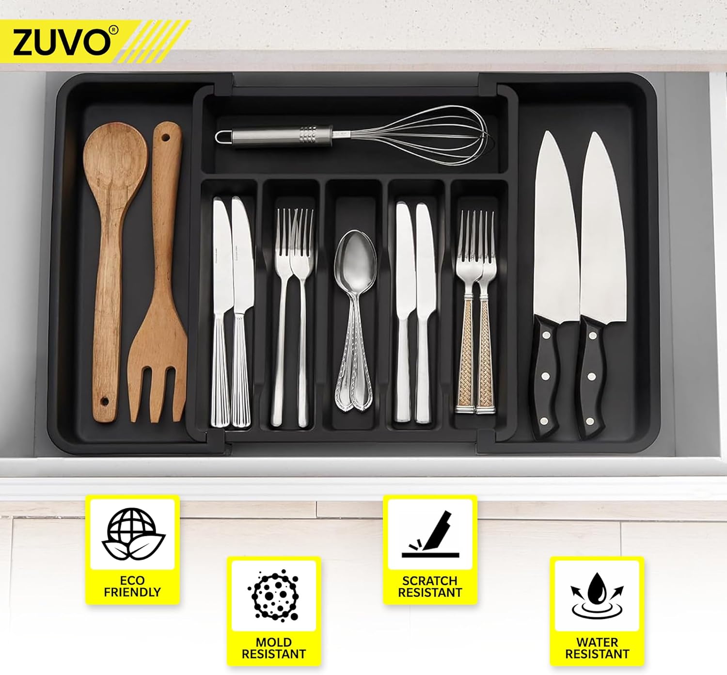 Zuvo Expandable Large Plastic Cutlery Drawer Organiser - Black Cutlery Tray for Kitchen Utensils Set - Perfect for Plastic Storage Drawers, Large Cutlery Drawer Organiser