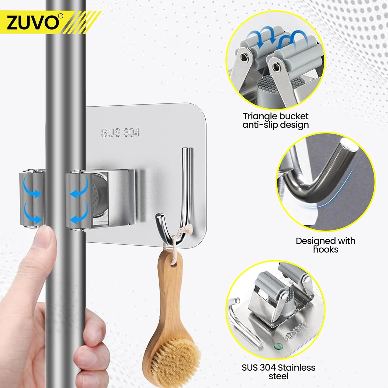 Zuvo Mop Holder Wall Mounted (4 Pcs) – Stainless Steel Broom Organizer for Bathroom, Kitchen, Closet, Garage, Garden – Durable Storage Solution