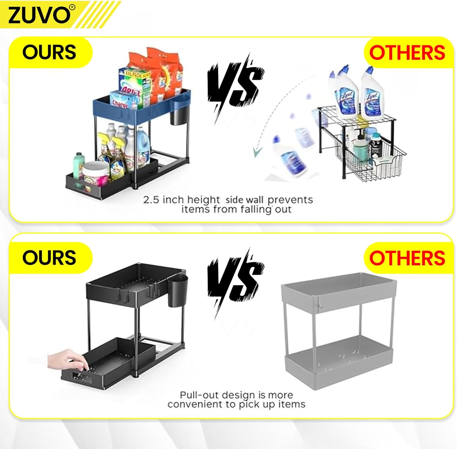 Zuvo Under Sink Storage Solution: Heavy-Duty Organizer to Maximize Kitchen Space – Durable and Versatile for Home & Office Black