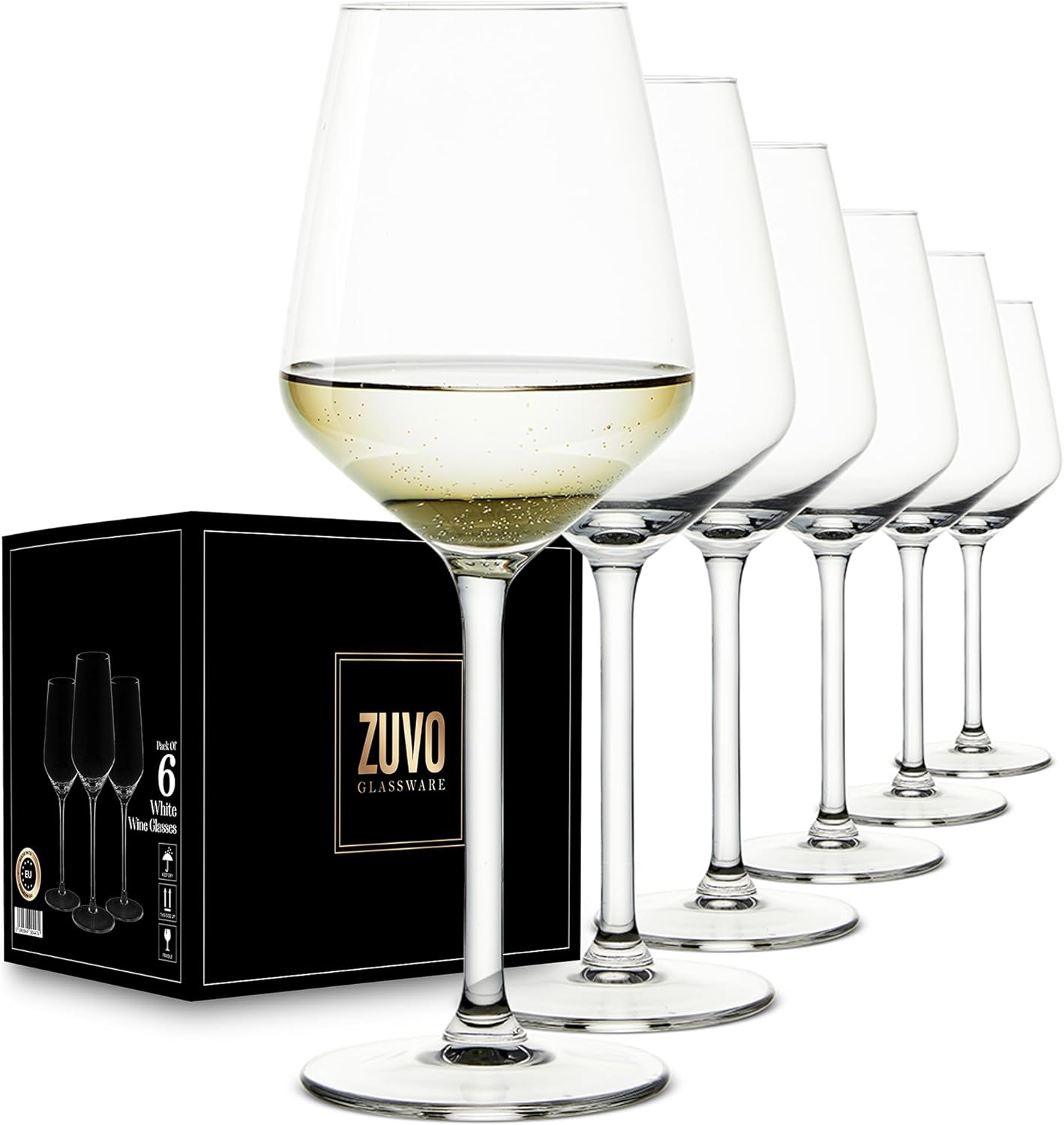 Zuvo White Wine Glasses Set of 6 37cl Crystal Clear Long Stem Glasses for Home Kitchen Bar Restaurant