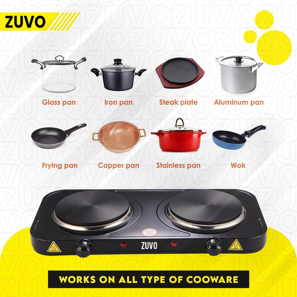 Zuvo 2000W Stainless Steel Double Hot Plate Ring Stove Hob - Portable & with Adjustable Thermostat - Cast Iron Heating Plate Black 25.8