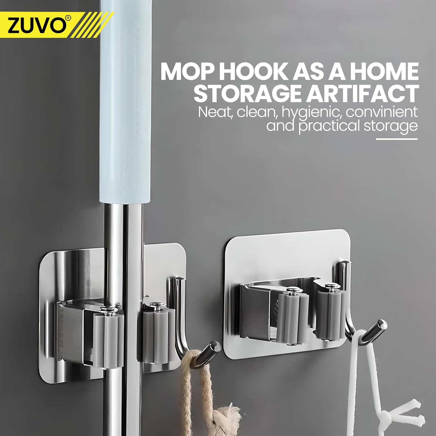 Zuvo Mop Holder Wall Mounted (4 Pcs) – Stainless Steel Broom Organizer for Bathroom, Kitchen, Closet, Garage, Garden – Durable Storage Solution