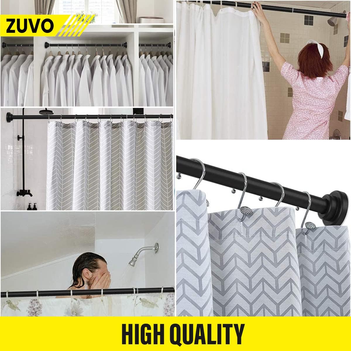 Tension Curtain Rods - Extendable upto 81-106 cm - No Drill & Rust Proof Shower Curtain Rods for Bathroom - Black Shower Rods