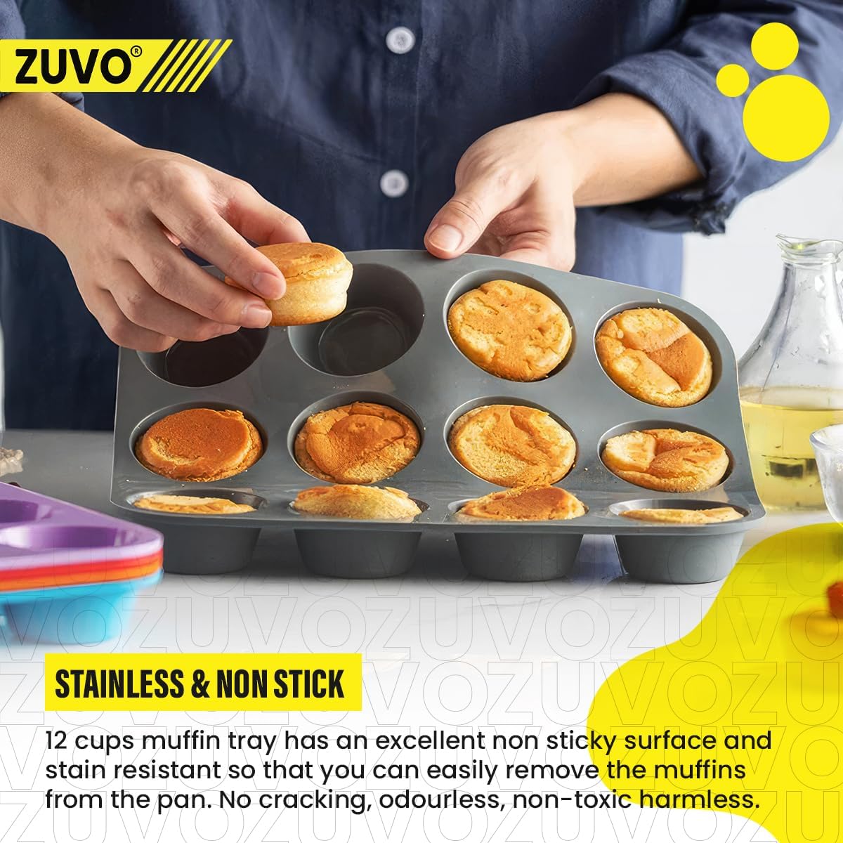 Zuvo Silicon Muffin Tray 12 Cups - Non Stick Black Baking Mold for Cupcakes and Brownies (23x31cm) - Perfect Baking Tray