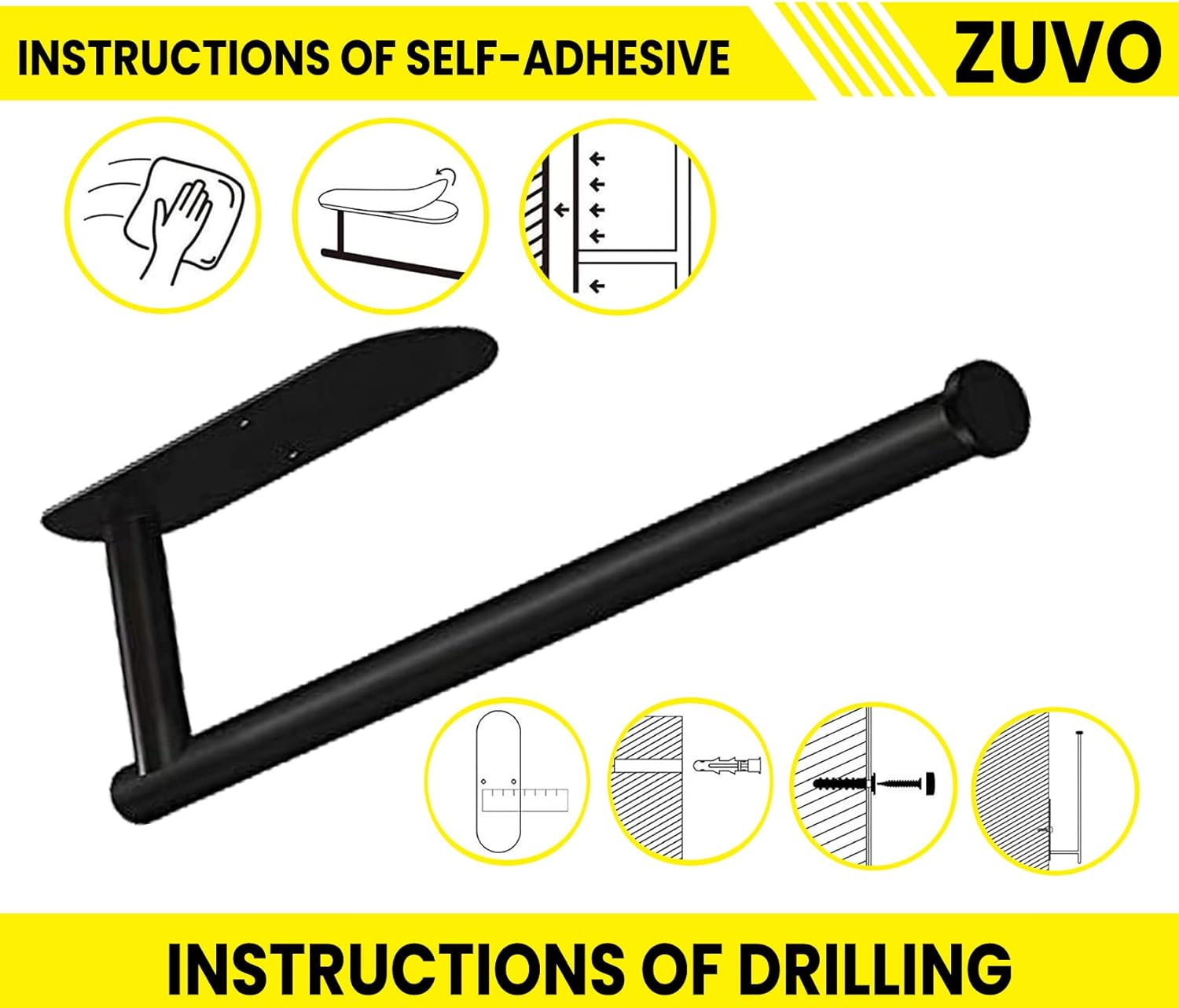 Zuvo Under Cabinet Paper Towel Holder Black – Adhesive or Screw Mount Steel