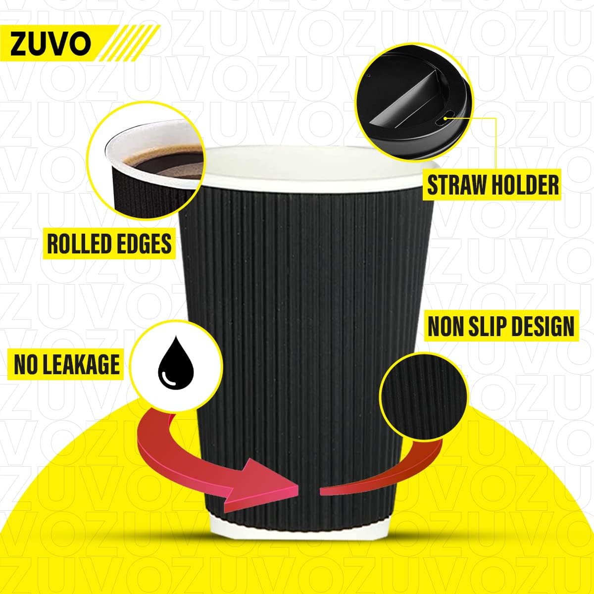 Zuvo [50 Pack Takeaway Coffee Cups with Lids | Disposable Insulated Triple Wall Ripple Kraft Paper Coffee Cups for Takeaway Coffee, Tea or hot Liquids | Pack of 50, Black