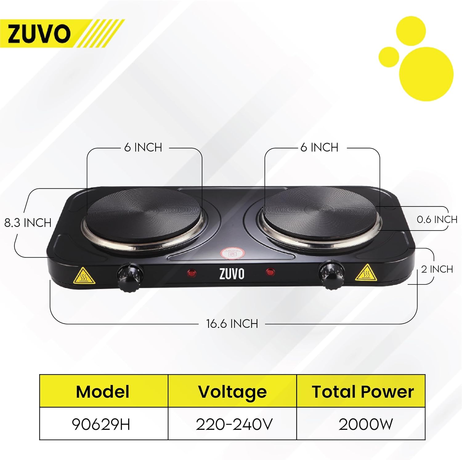 Zuvo 2000W Stainless Steel Double Hot Plate Ring Stove Hob - Portable & with Adjustable Thermostat - Cast Iron Heating Plate Black 25.8