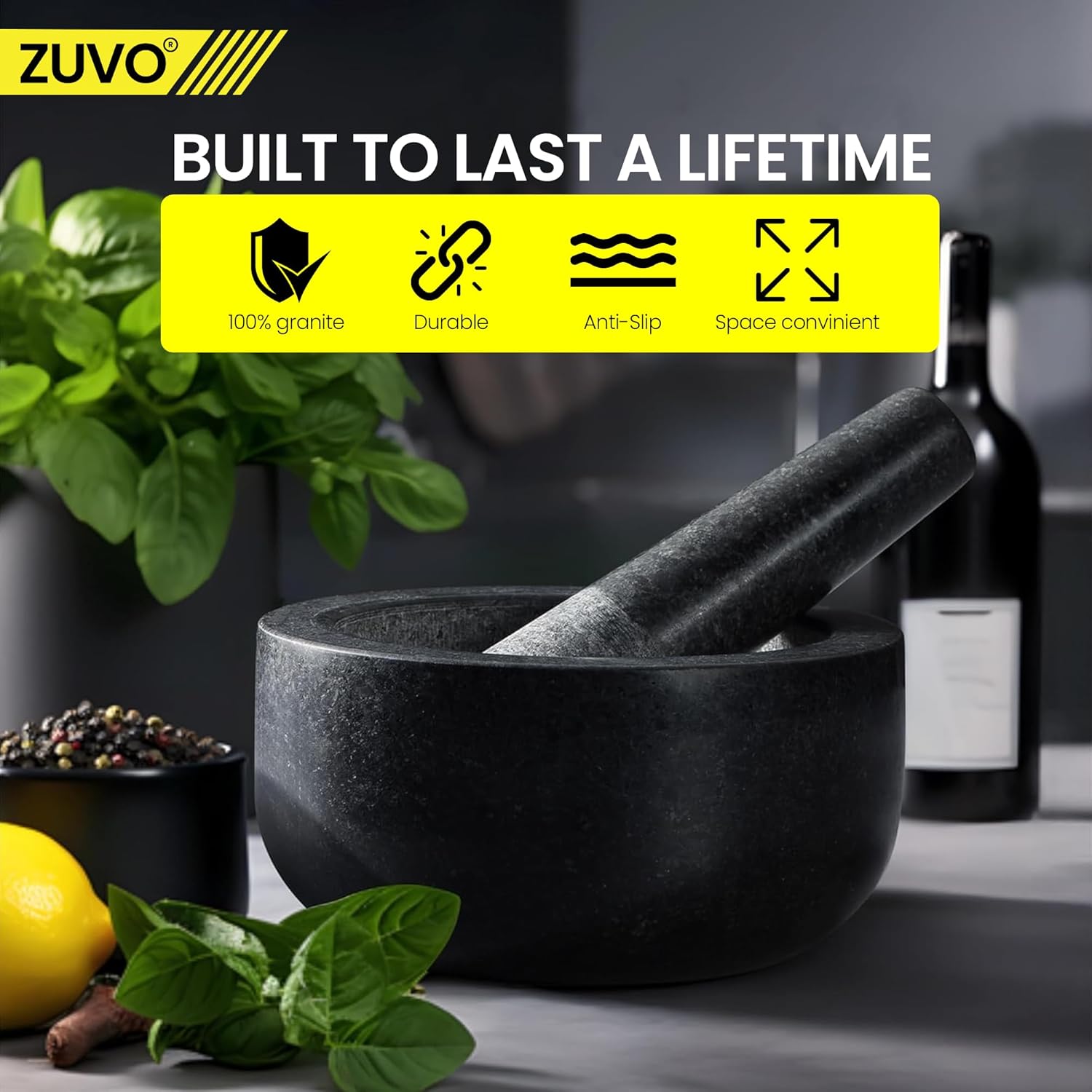 Zuvo Pestle and Mortar Set – Solid Natural Stone Durable Kitchen Grinder