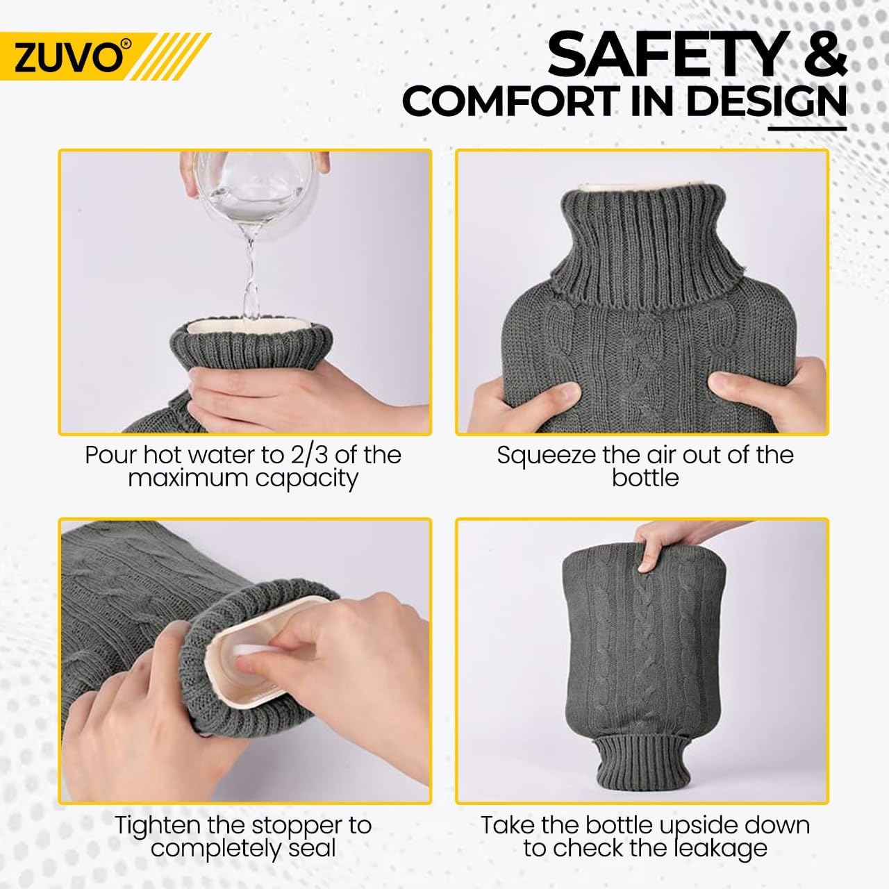 Zuvo 2L Hot Water Bottle with Grey Soft Knitted Cover Leakproof BPA Free