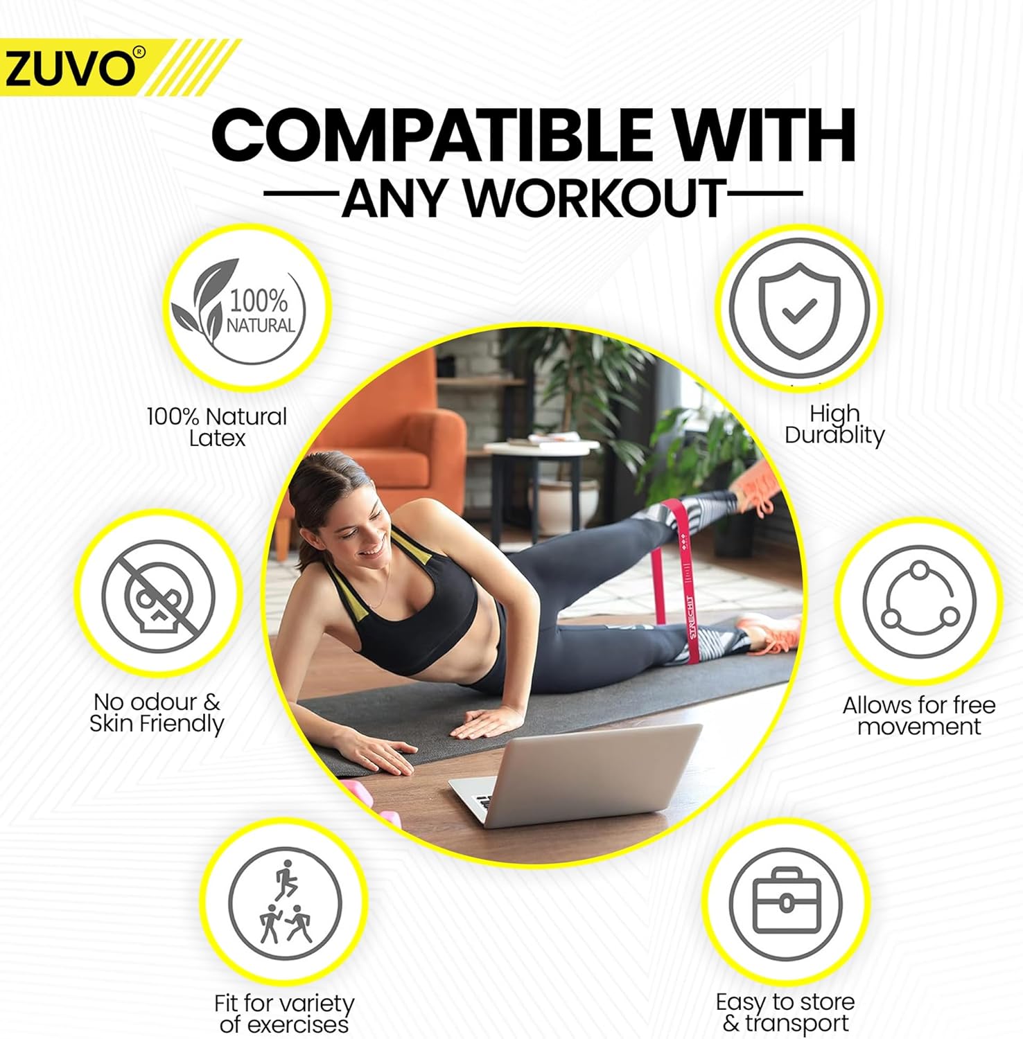 Zuvo Resistance Bands Set of 5 Black Skin Friendly 5 Levels for Gym