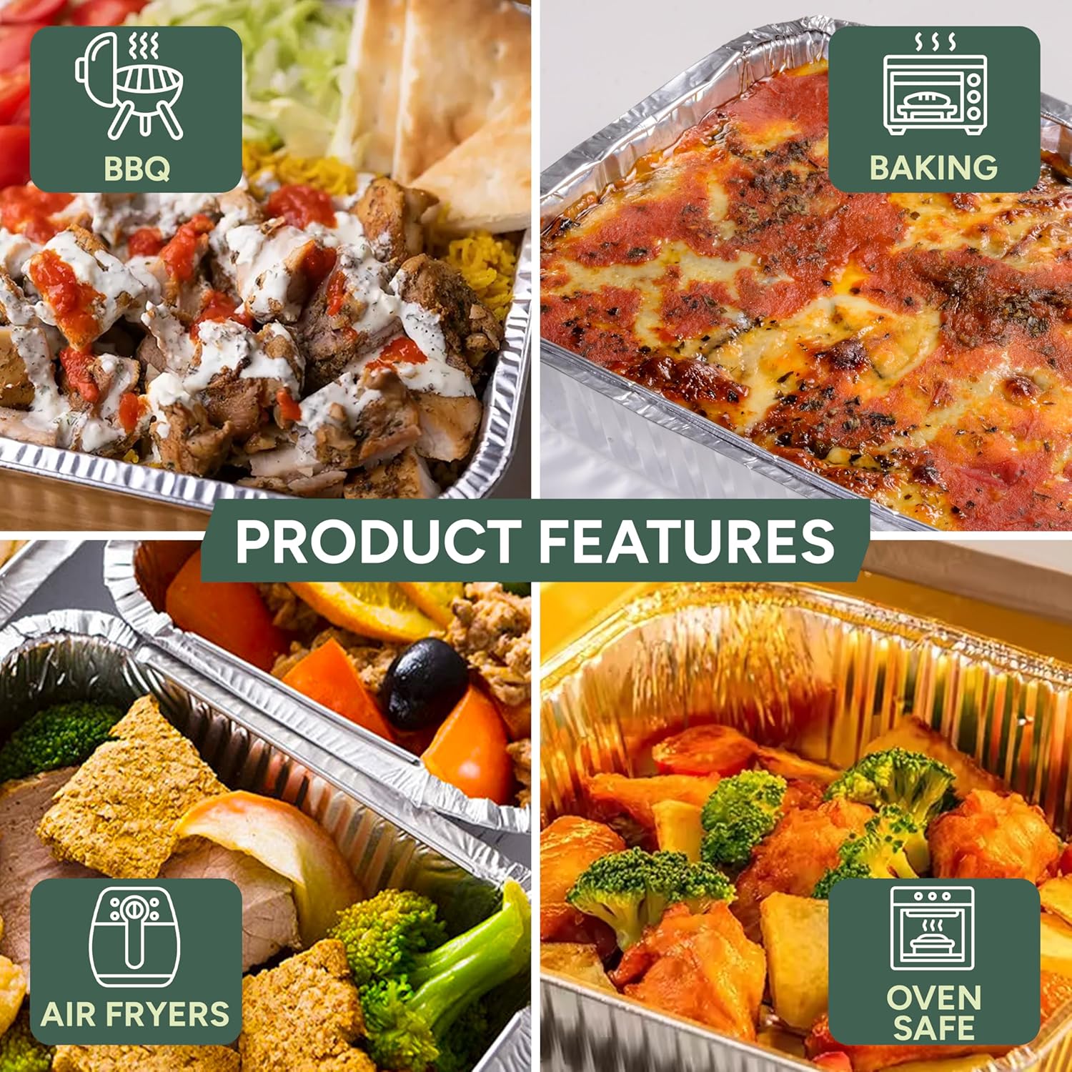 Zuvo | 10 x Large Foil Aluminium Trays 32x26x7cm | Heavy-Duty Oven & BBQ Pans