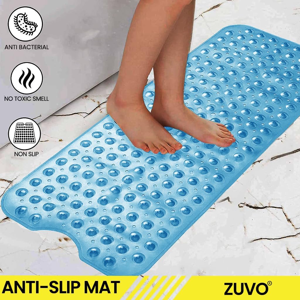 Bath Mat Non Slip with Anti Mold & Powerful Suction Quality - Extra Long 100 x 40 CM - Blue Machine Washable Non Slip Bath Mat for Inside Bath - Ideal for Elderly & Children's Bath Tubs - Zuvo