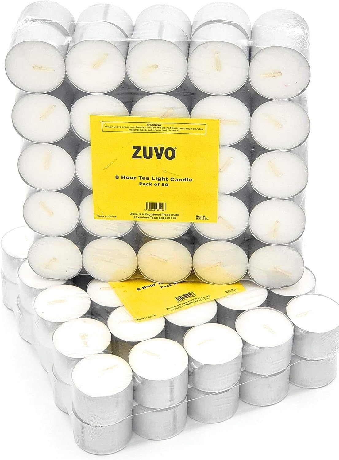 Zuvo Tea Light Candles 8 Hour Burn 50 Pack Unscented Long Lasting White