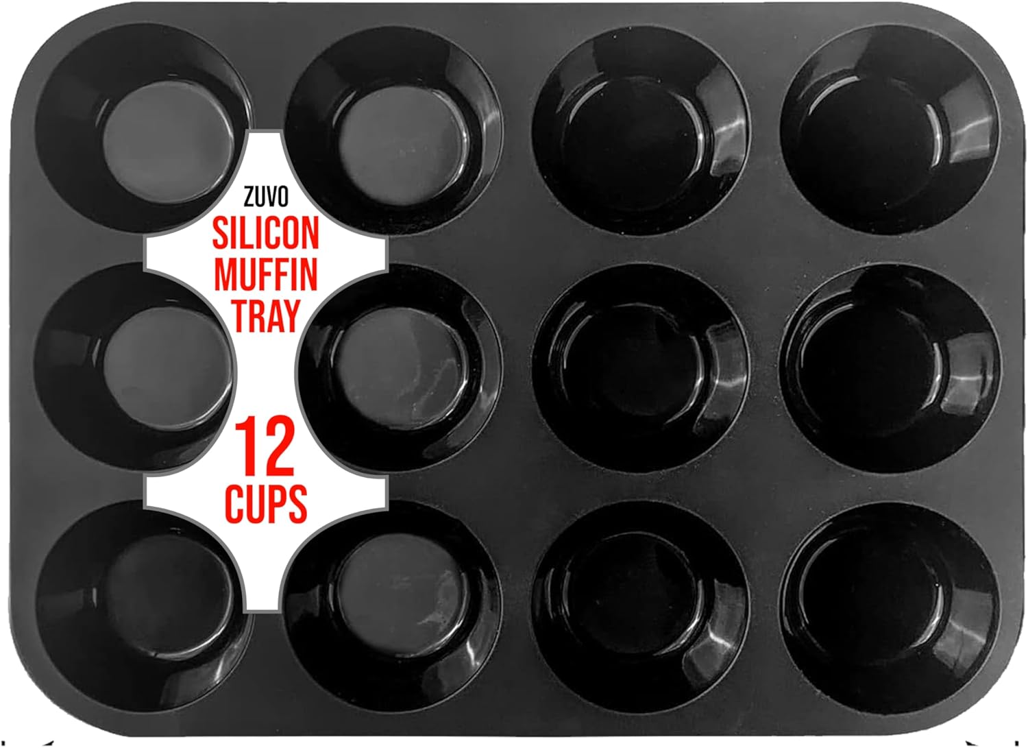 Zuvo Silicon Muffin Tray 12 Cups - Non Stick Black Baking Mold for Cupcakes and Brownies (23x31cm) - Perfect Baking Tray