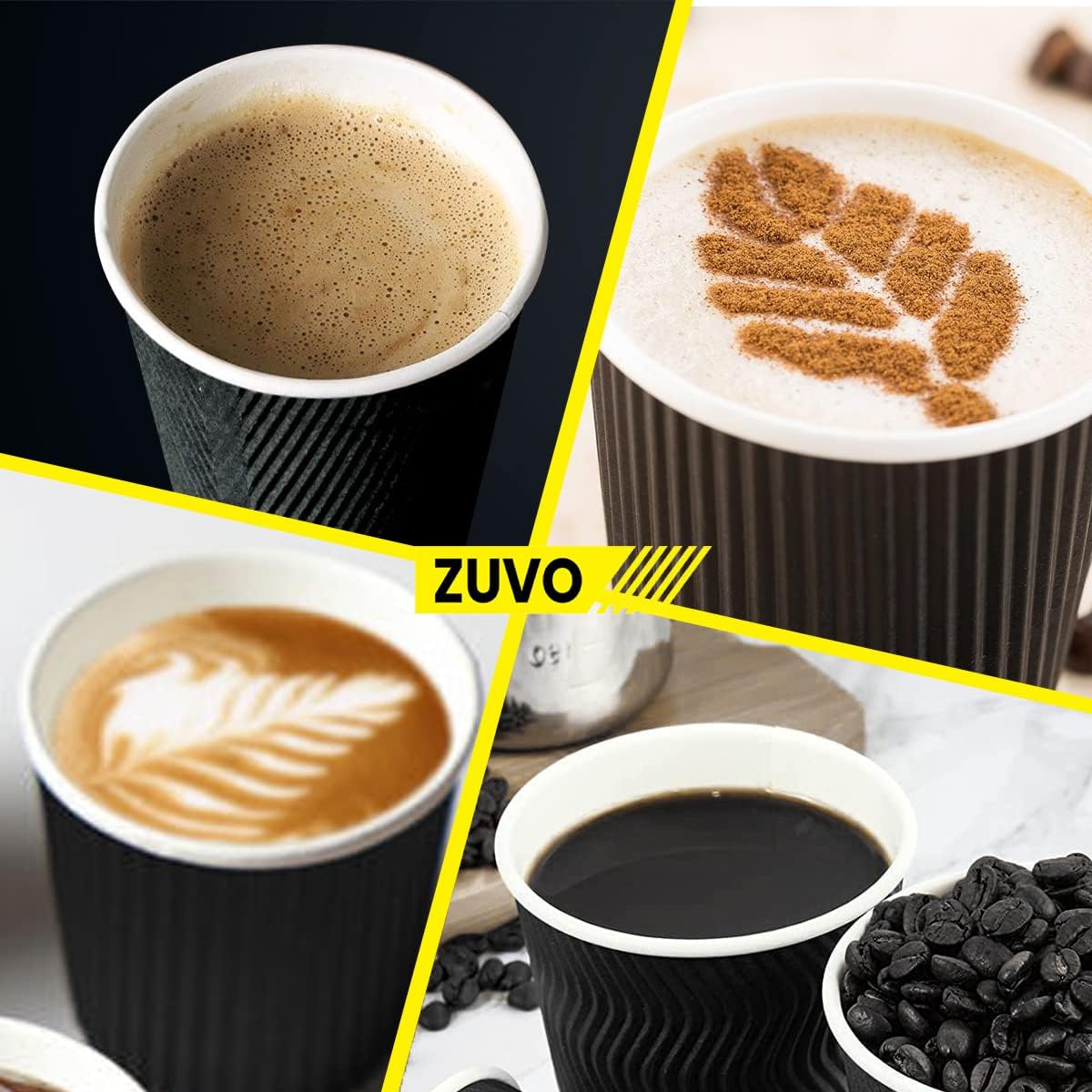 Zuvo [50 Pack Takeaway Coffee Cups with Lids | Disposable Insulated Triple Wall Ripple Kraft Paper Coffee Cups for Takeaway Coffee, Tea or hot Liquids | Pack of 50, Black