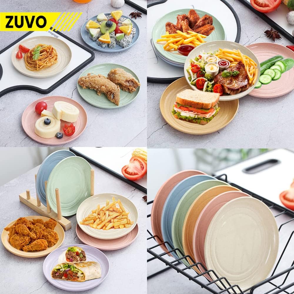 Zuvo Plastic Plates Reusable Set of 6 - Unbreakable Plastic Dinner Plates 8 Inches - Safe from Dishwasher & Microwave - Mix Colors, Pink, Yellow, Blue and Green