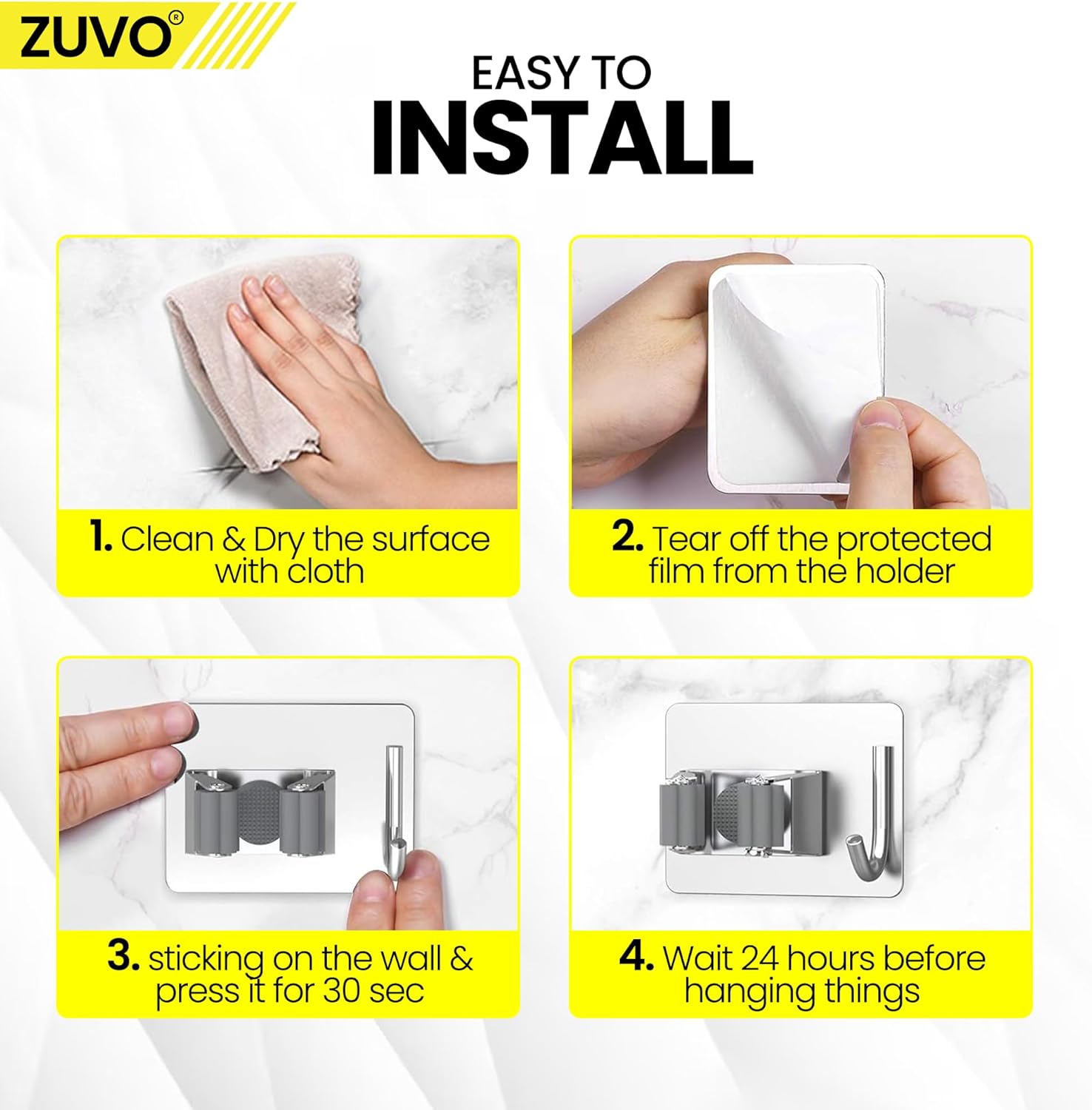 Zuvo Mop Holder Wall Mounted (4 Pcs) – Stainless Steel Broom Organizer for Bathroom, Kitchen, Closet, Garage, Garden – Durable Storage Solution