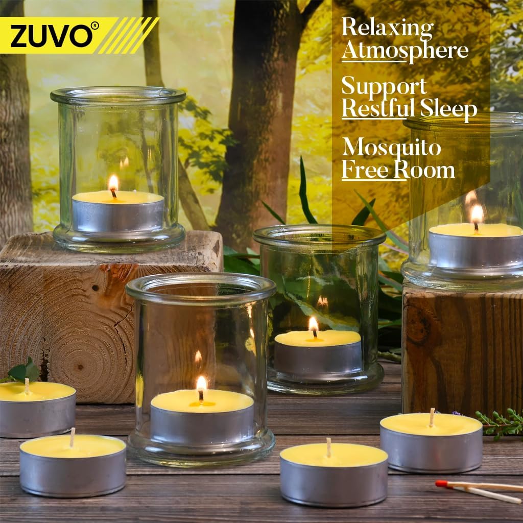 Citronella Tea Lights Candles (25 Pack) - 4 Hour Burn Tea Lights - Anti Mosquito Citronella Candles - 3.8 x 2.3 cm - 4hr - Zuvo [Energy Class A++], Yellow