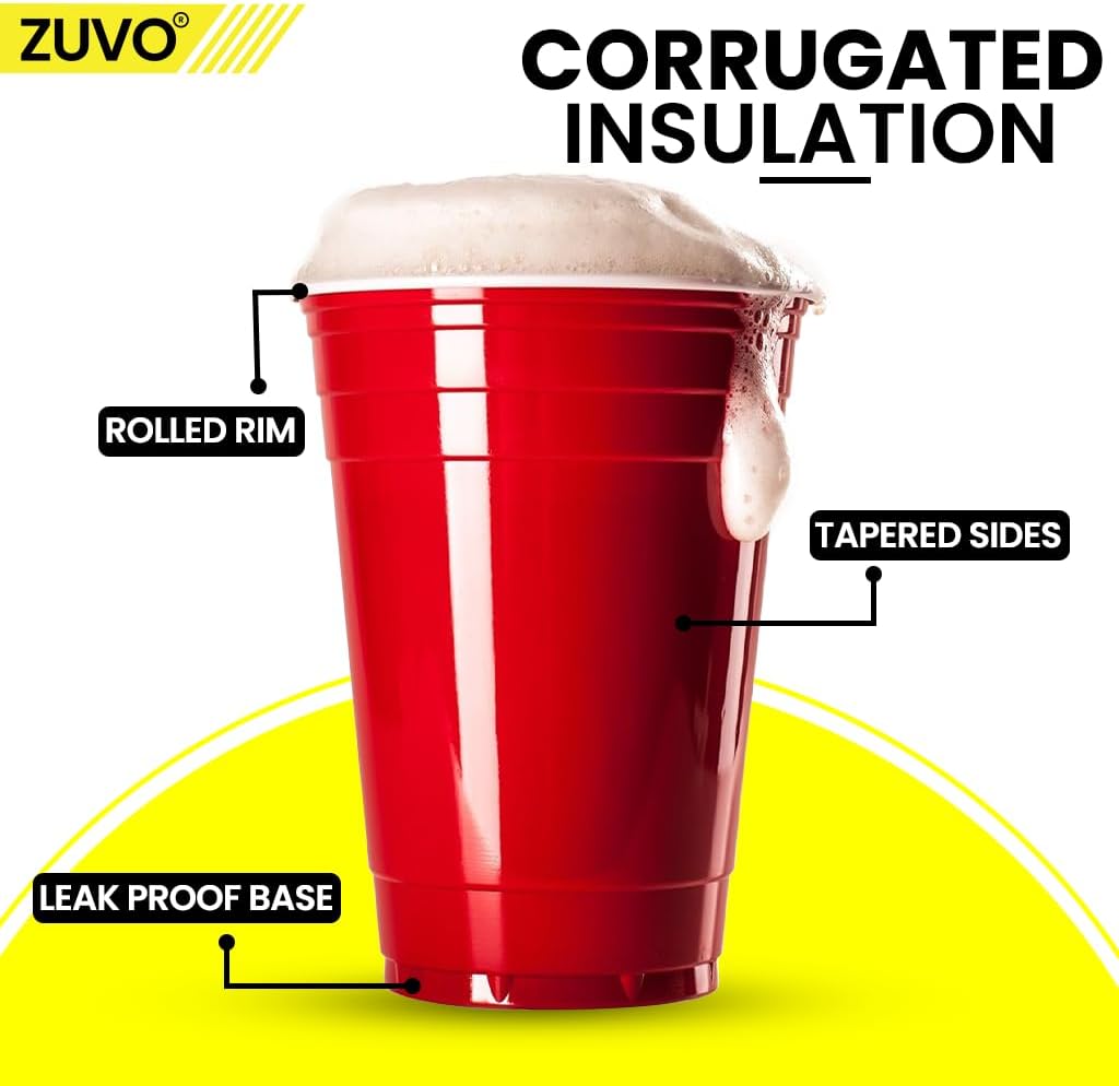 Zuvo Red Party Cups 16oz 50 Pack Durable Disposable Recyclable Drinkware