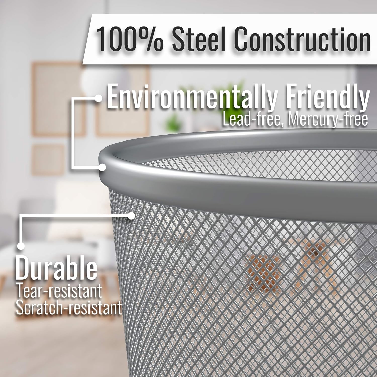 Zuvo Round Metal Mesh Waste Paper Bin, Pack of 2 Silver