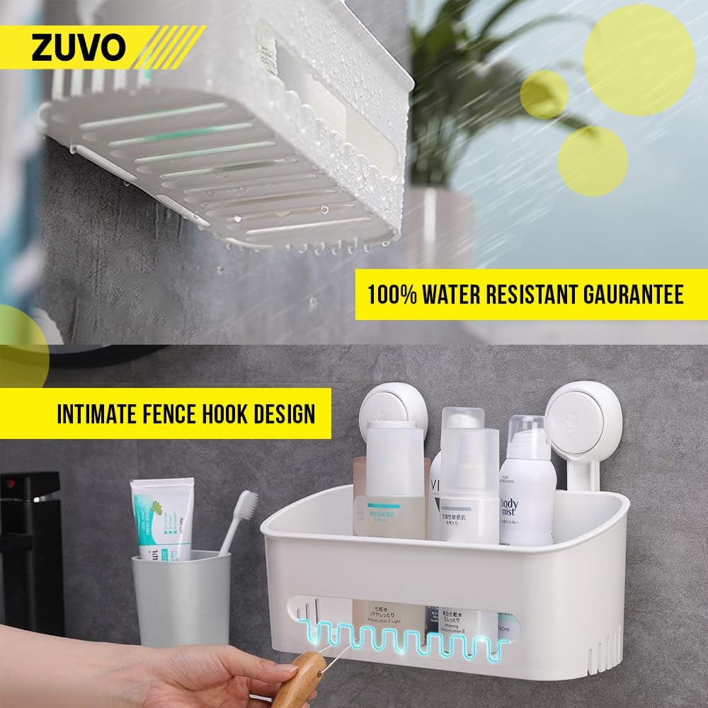 Zuvo No-Drill Shower Caddy – Suction Cup Bathroom Shelf, White