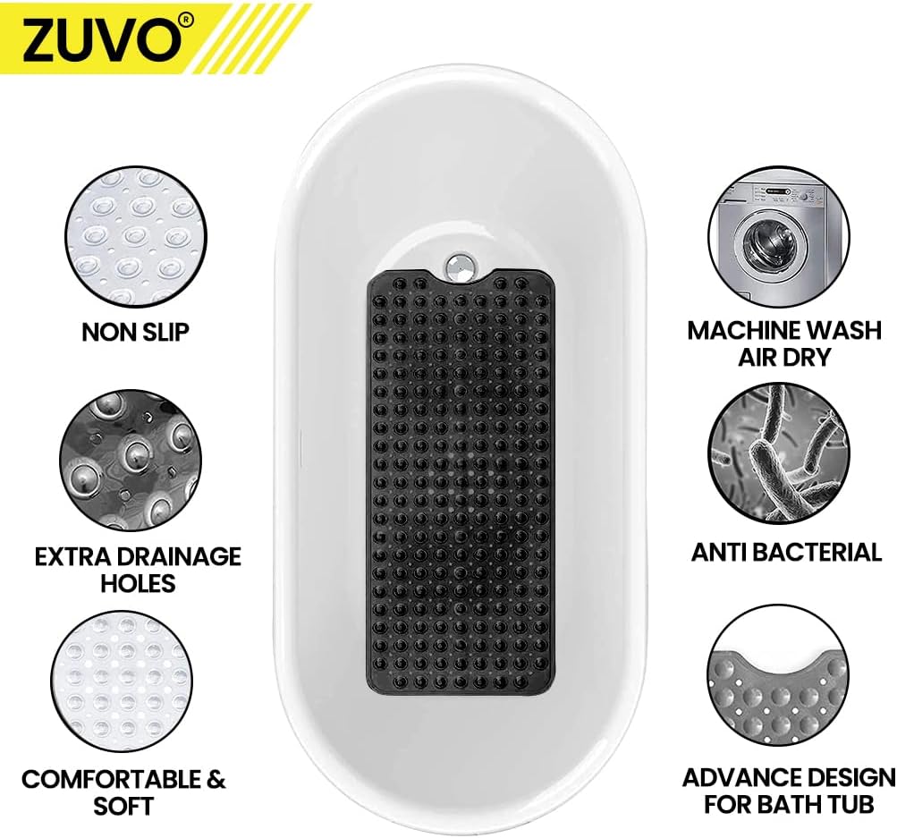 Zuvo Extra Long Non-Slip Bath Mat 100x40cm, Black
