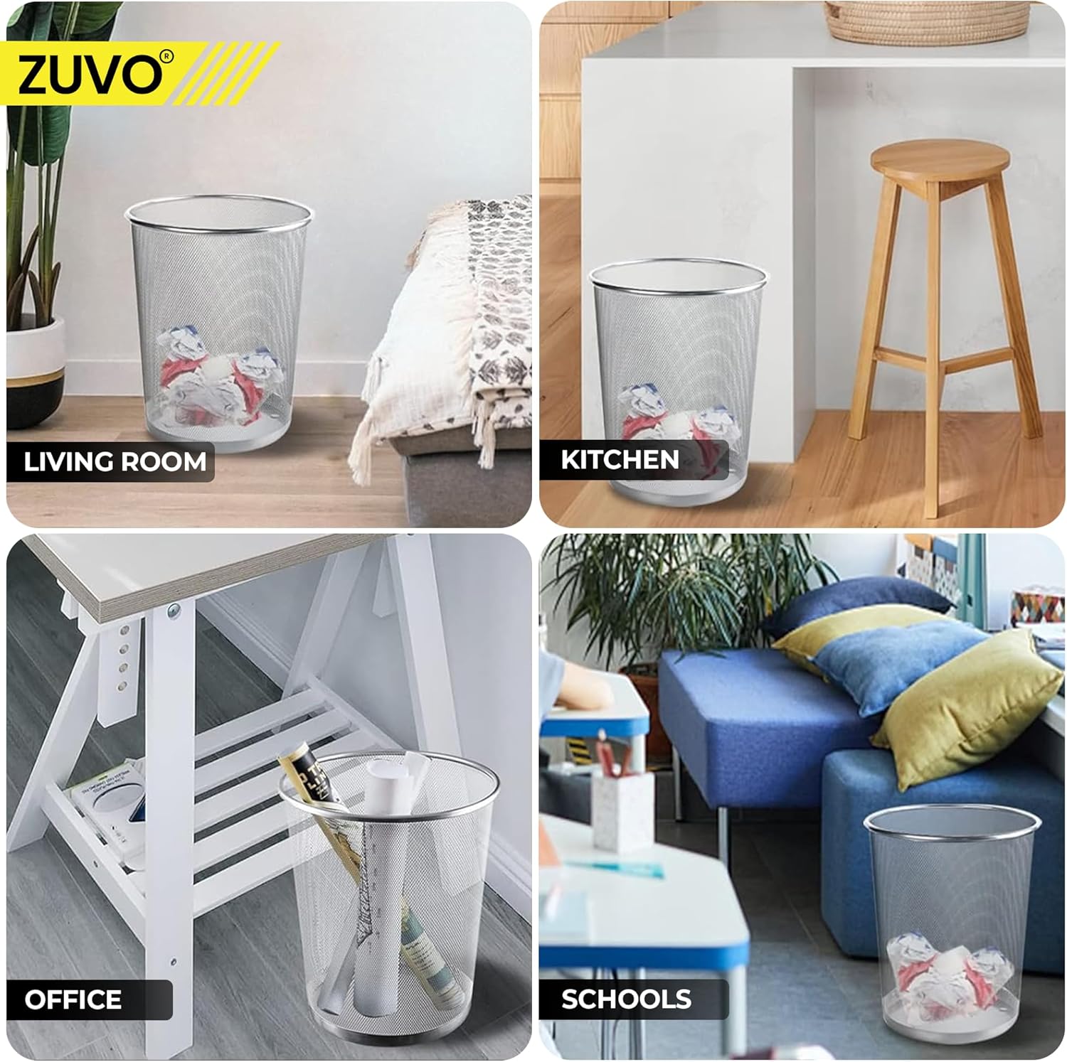 Zuvo Circular Mesh Waste Paper Bin 27x24cm, Silver Metal