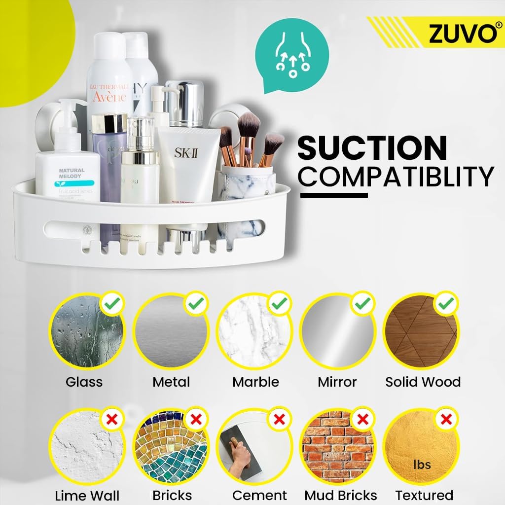 Zuvo No-Drill Shower Caddy – Suction Cup Bathroom Shelf, White