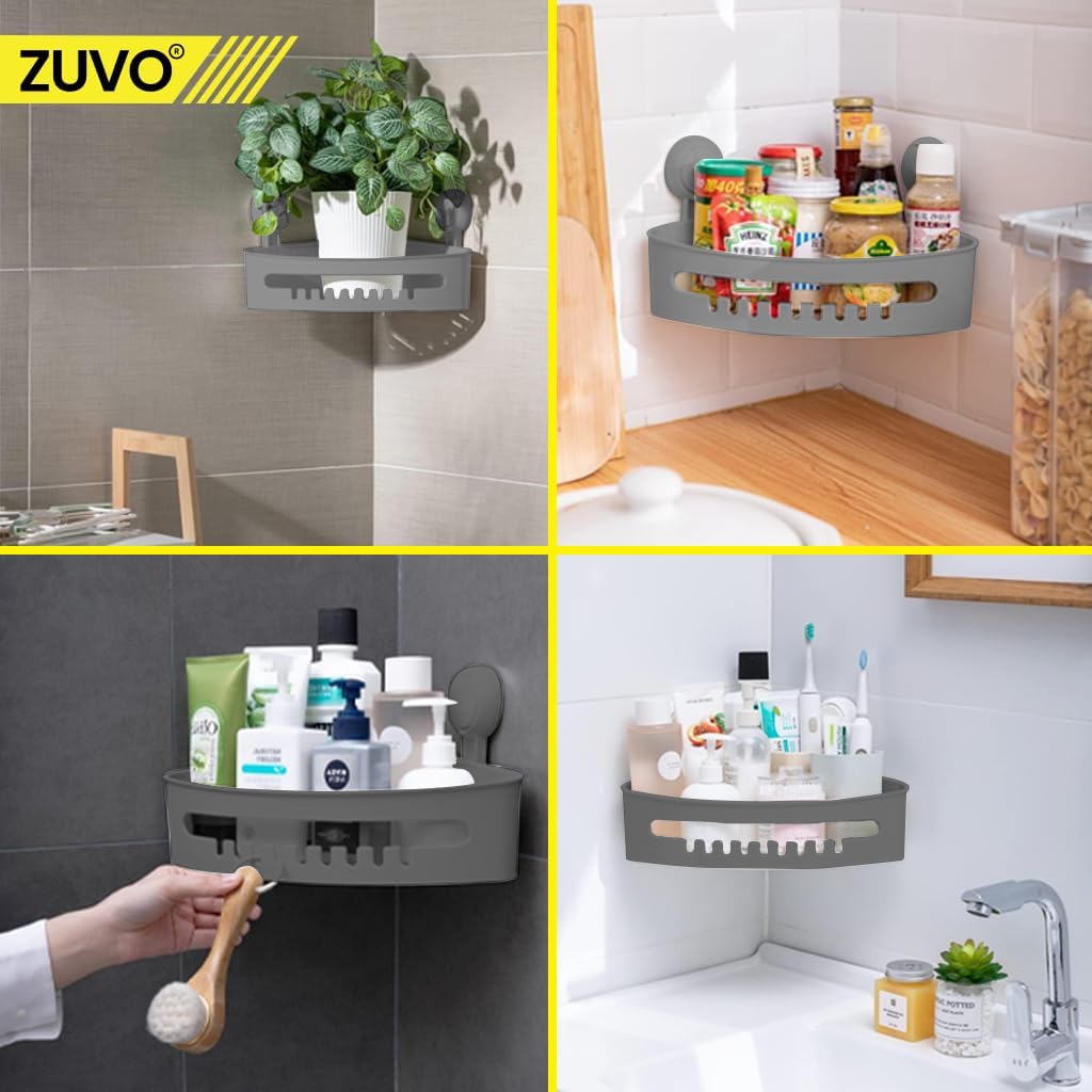 Zuvo No-Drill Shower Caddy – Suction Cup Bathroom Shelf, Grey