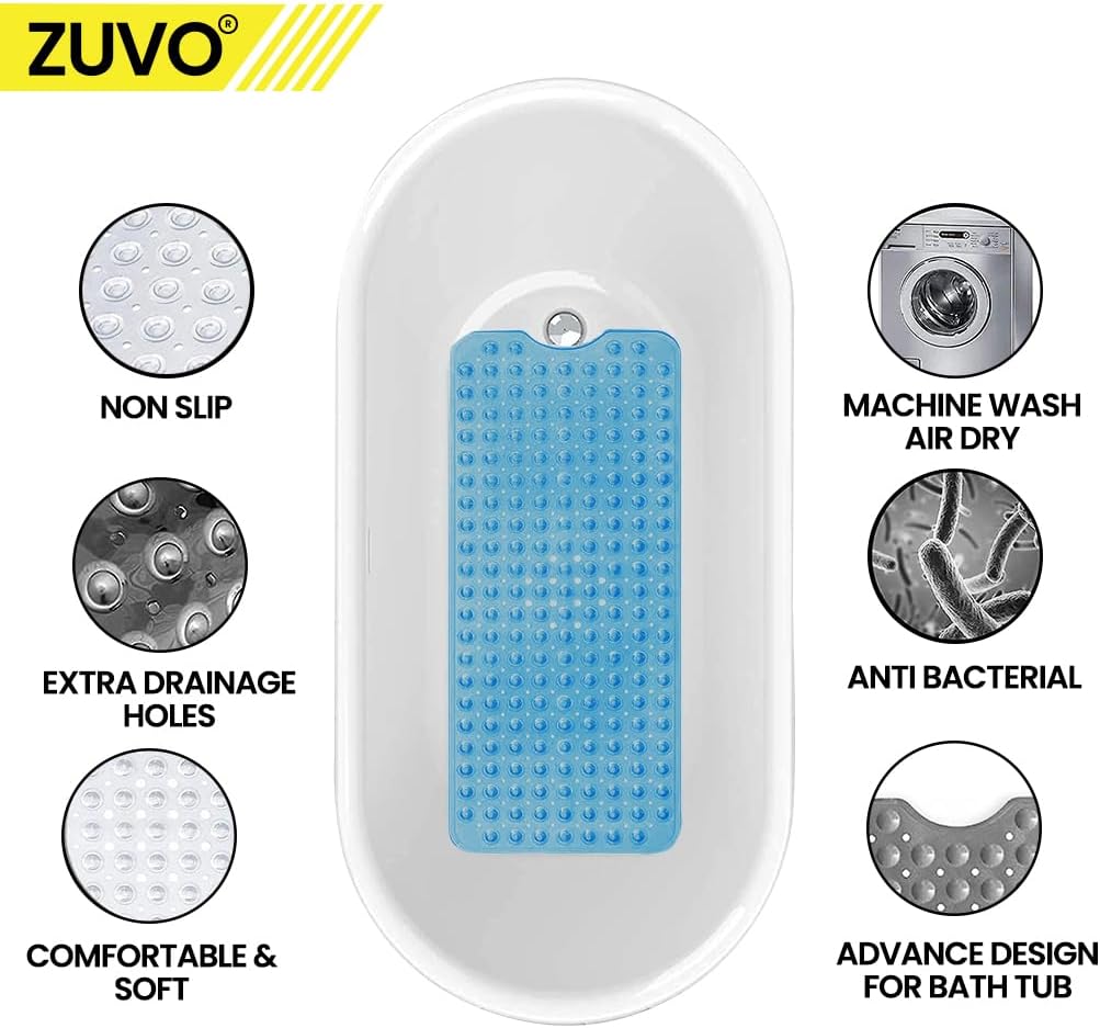 Zuvo Extra Long Non-Slip Bath Mat 100x40cm, Blue