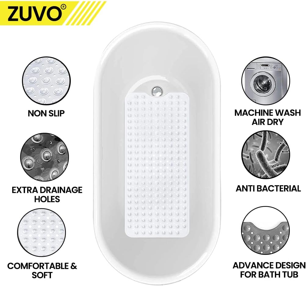 Zuvo Extra Long Non-Slip Bath Mat 100x40cm, Solid White
