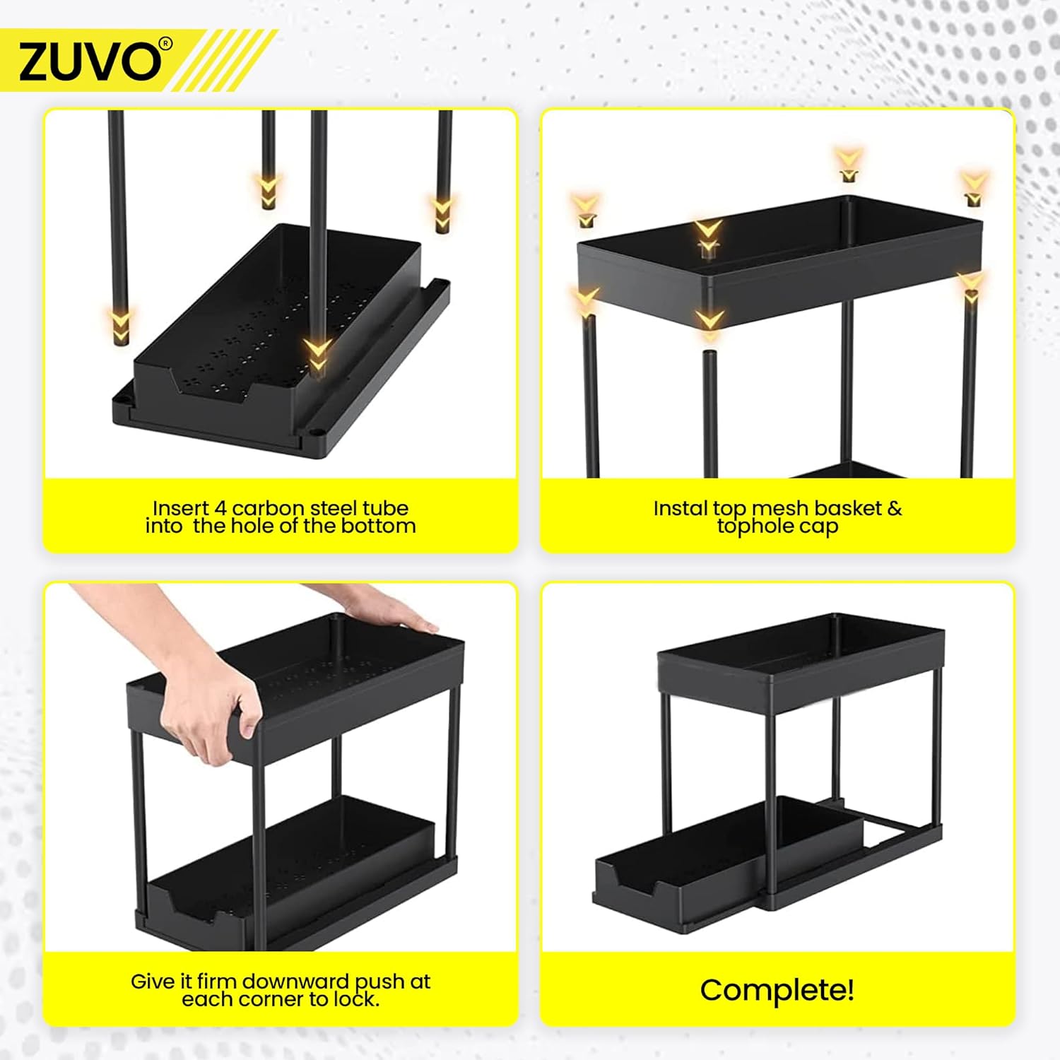 Zuvo Under Sink Storage Solution: Heavy-Duty Organizer to Maximize Kitchen Space – Durable and Versatile for Home & Office Black