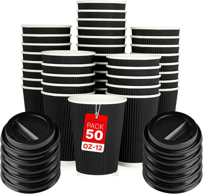 Zuvo 50 Pack 12oz Black Triple Wall Ripple Coffee Cups with Lids