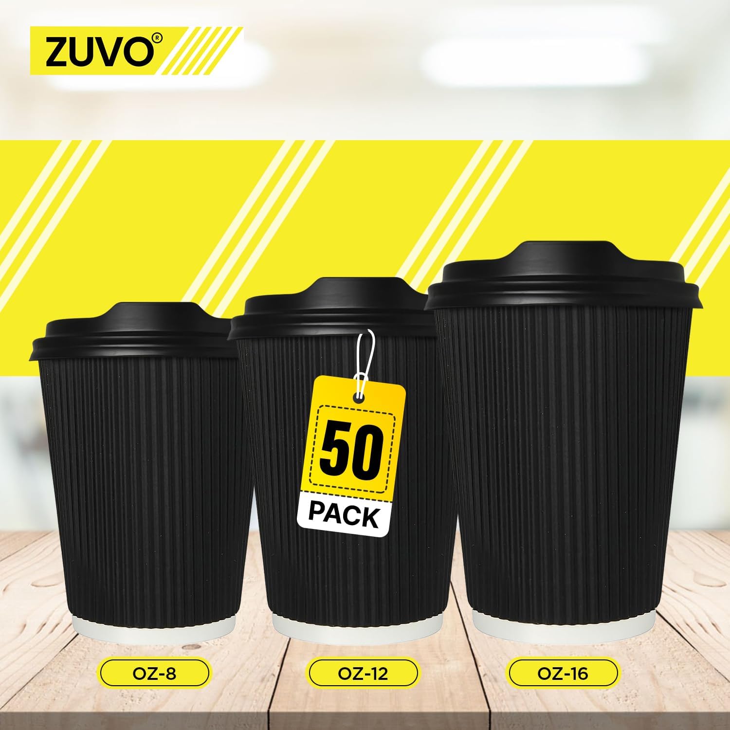 Zuvo [50 Pack Takeaway Coffee Cups with Lids | Disposable Insulated Triple Wall Ripple Kraft Paper Coffee Cups for Takeaway Coffee, Tea or hot Liquids | Pack of 50, Black