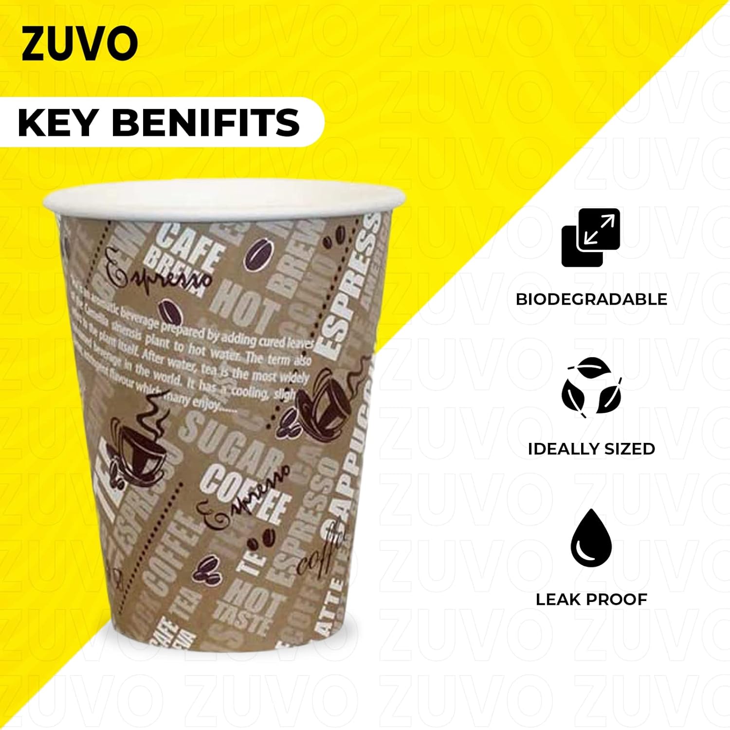 Zuvo Paper Coffee Cups 8oz - (50 Pack) - Printed Paper Cups for Hot & Cold Drinks - Eco Friendly Disposable Cups - 228ml