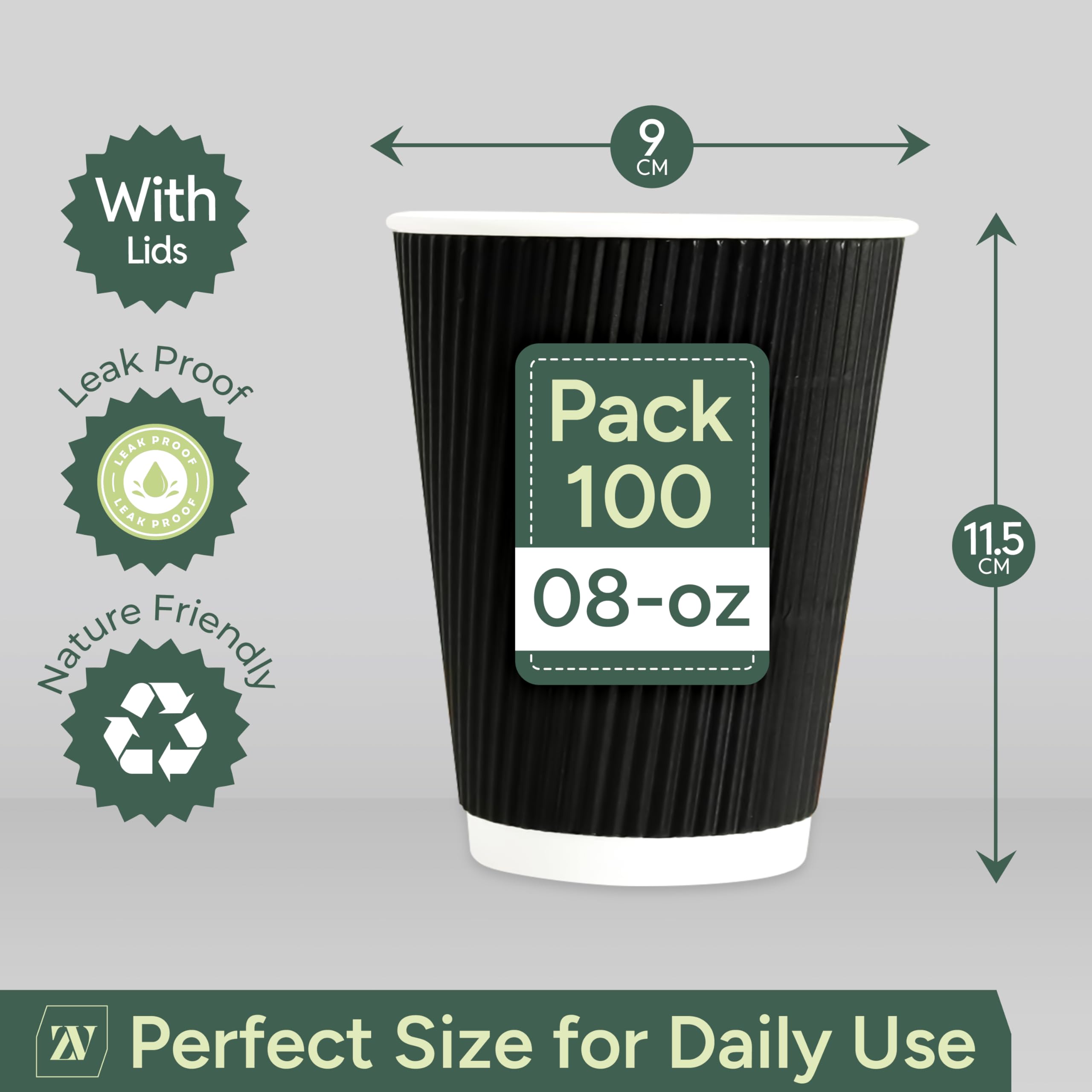 Zuvo | 100 x 8oz Coffee Cups with Lids | Triple Wall Ripple Kraft Paper Hot Cups