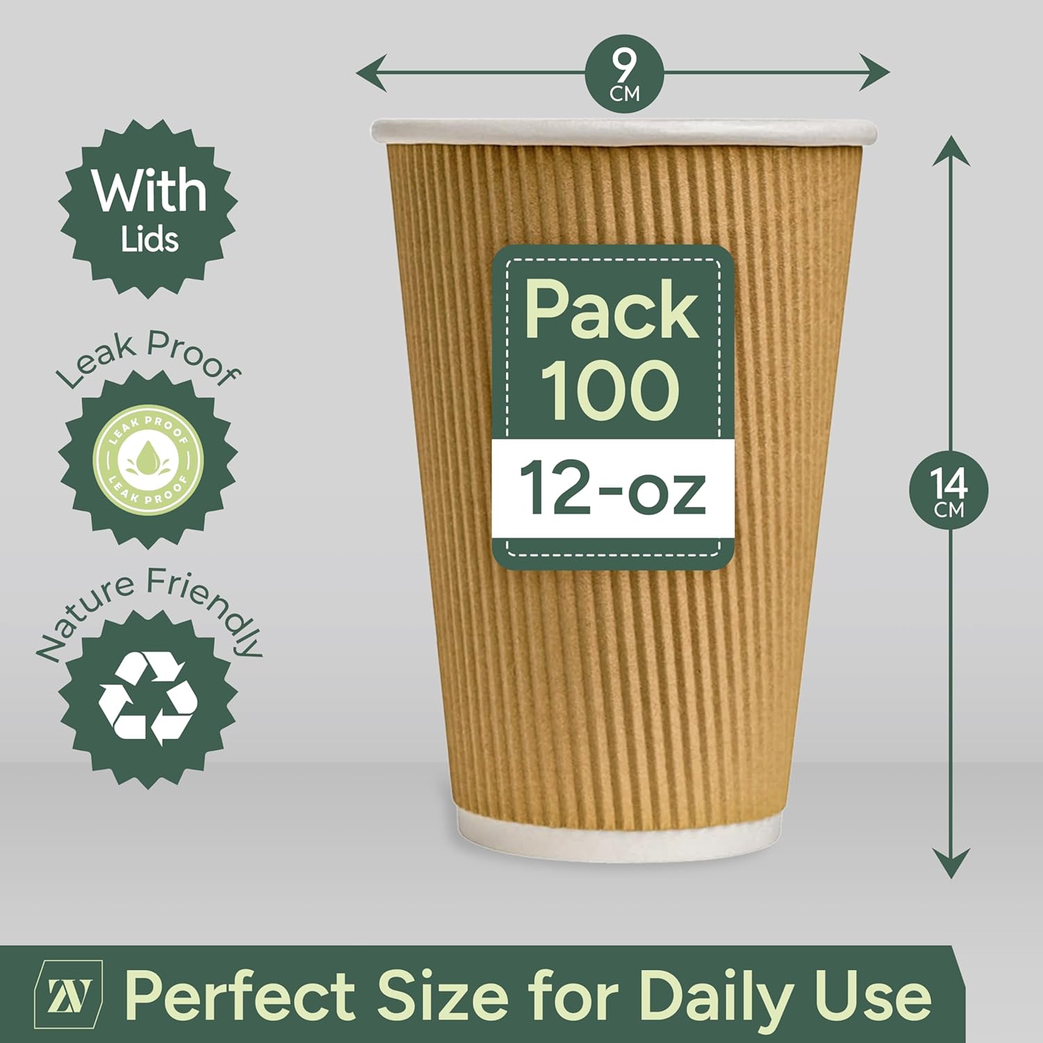 Zuvo | 100 x 12oz Coffee Cups with Lids | Triple Wall Ripple Kraft Paper Hot Cups
