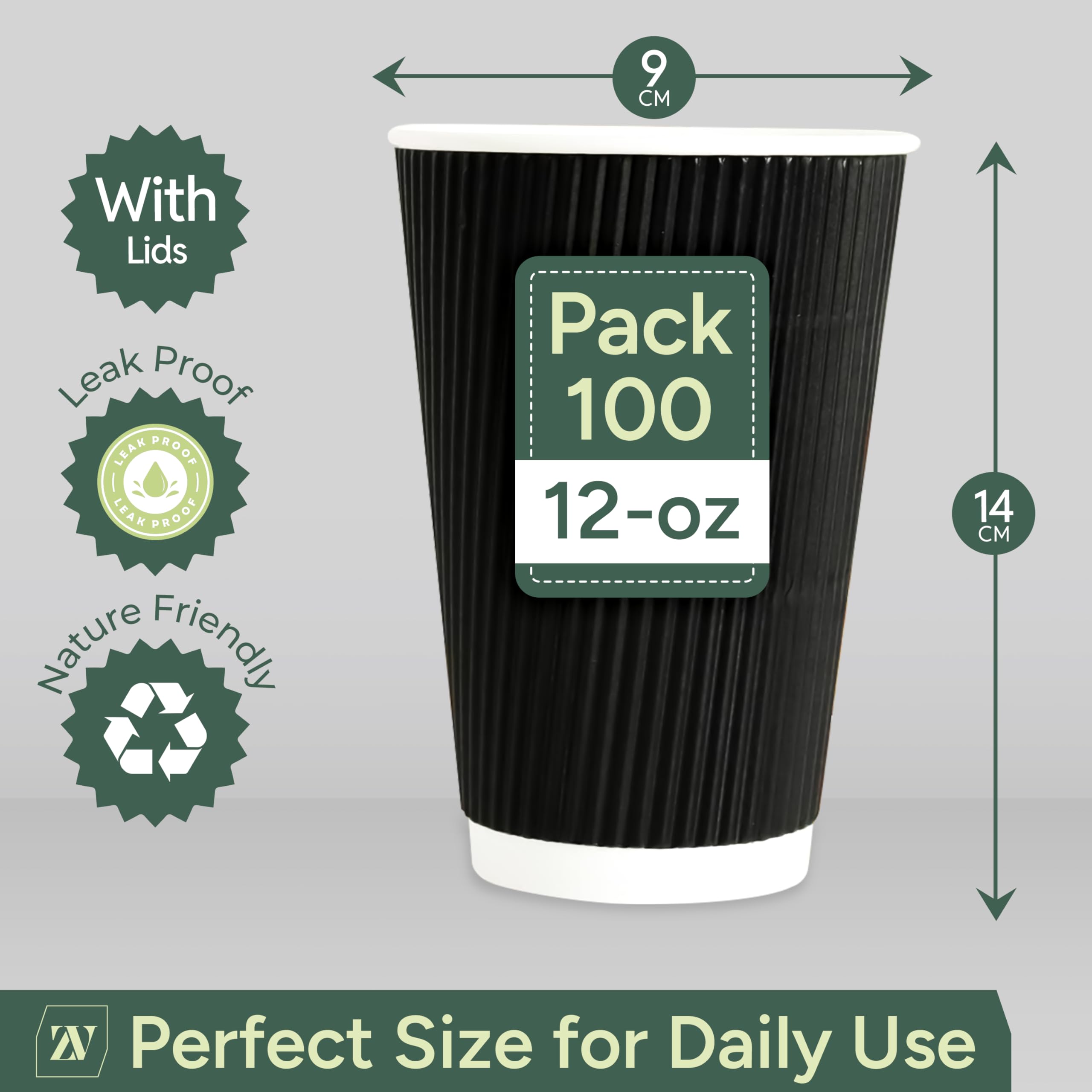 Zuvo | 100 x 12oz Black Ripple Coffee Cups with Lids | Triple Wall Hot Drink Cups
