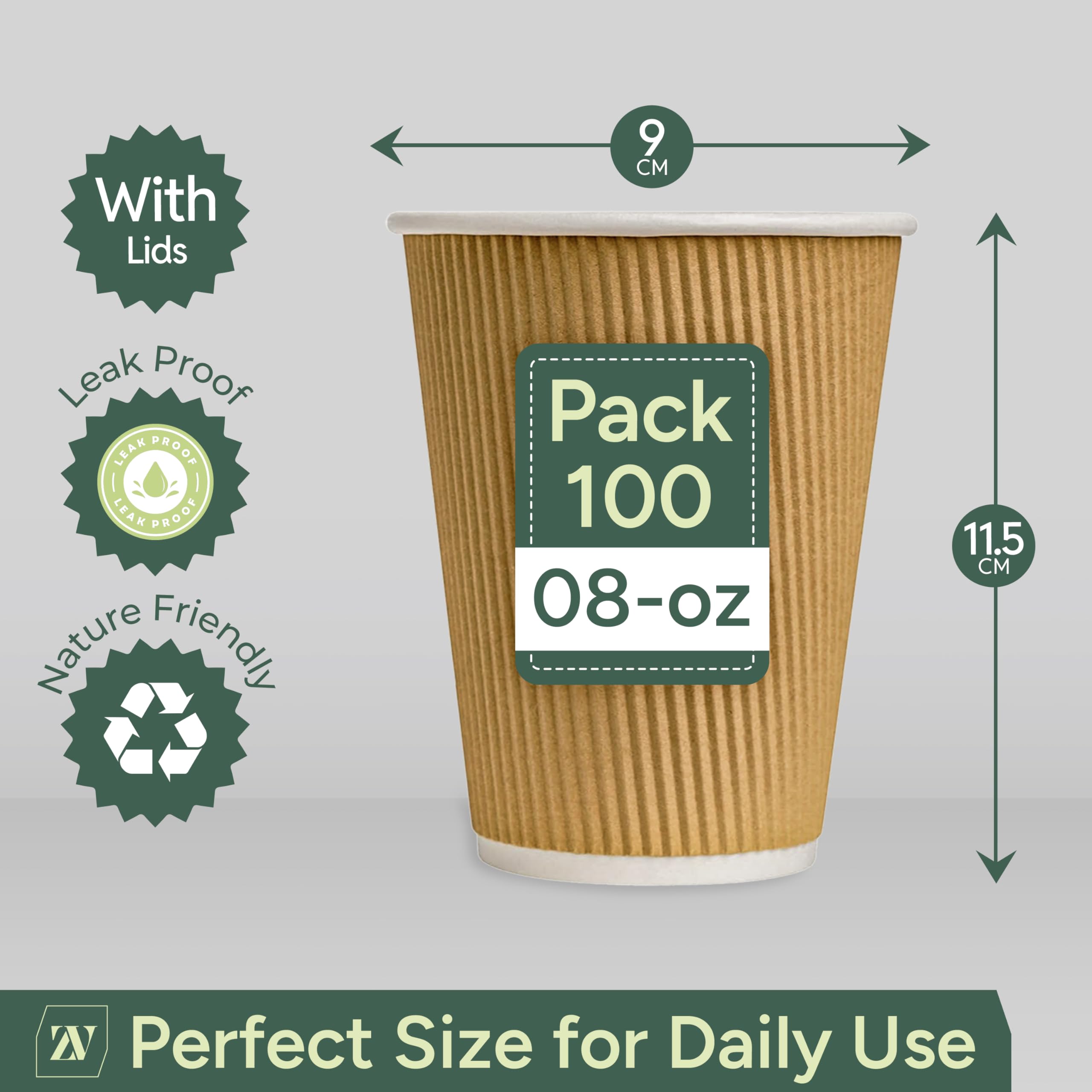 Zuvo | 100 x 8oz Coffee Cups with Lids | Triple Wall Ripple Kraft Paper Hot Cups