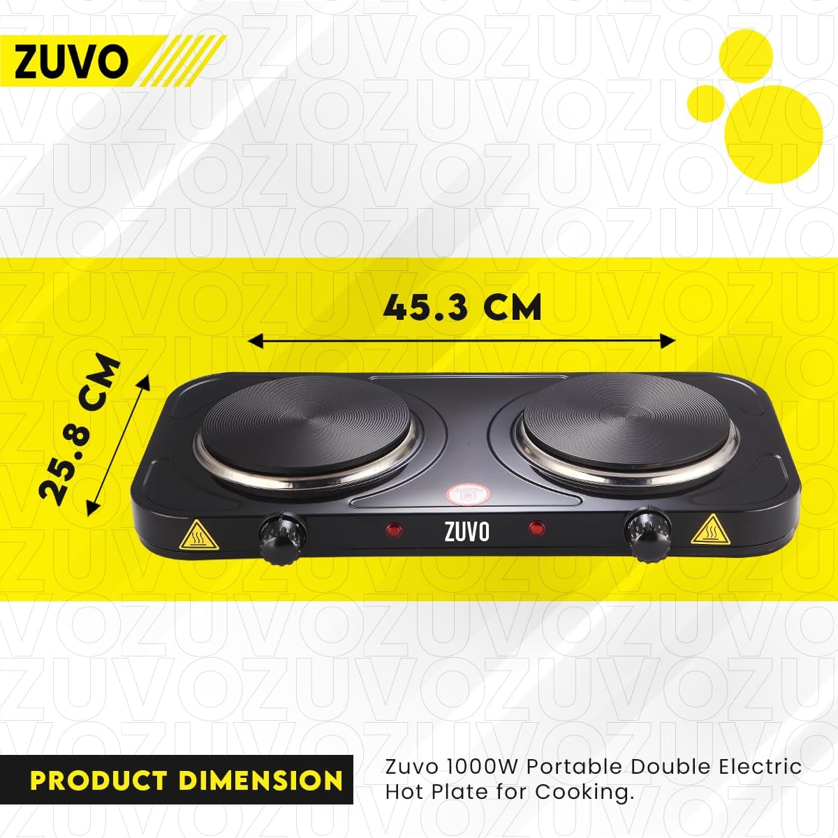 Zuvo 2000W Stainless Steel Double Hot Plate Ring Stove Hob - Portable & with Adjustable Thermostat - Cast Iron Heating Plate Black 25.8