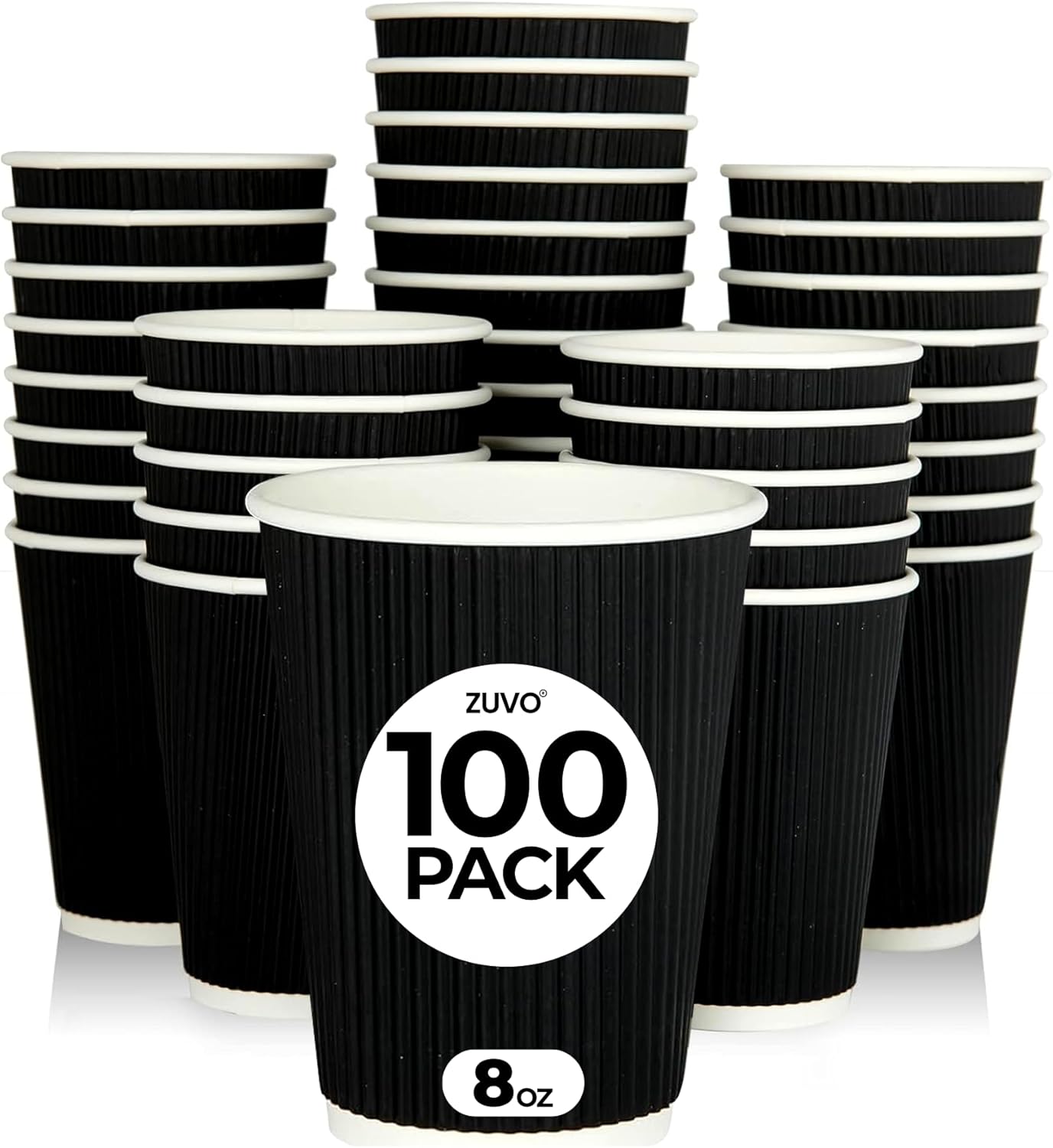 Zuvo Ripple Coffee Cups 8oz 100-Pack Black, No Lids