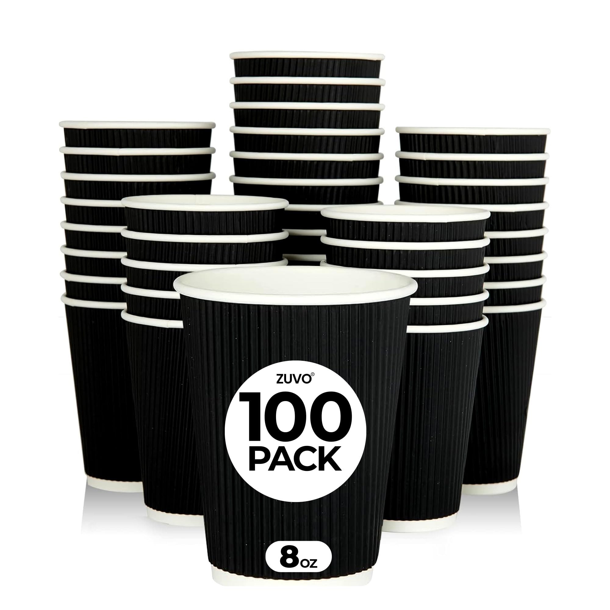 Zuvo Coffee Cups 16 OZ - NO Lids - 100 Disposable Brown Ripple Coffee Cups - Ideal for Takeaways