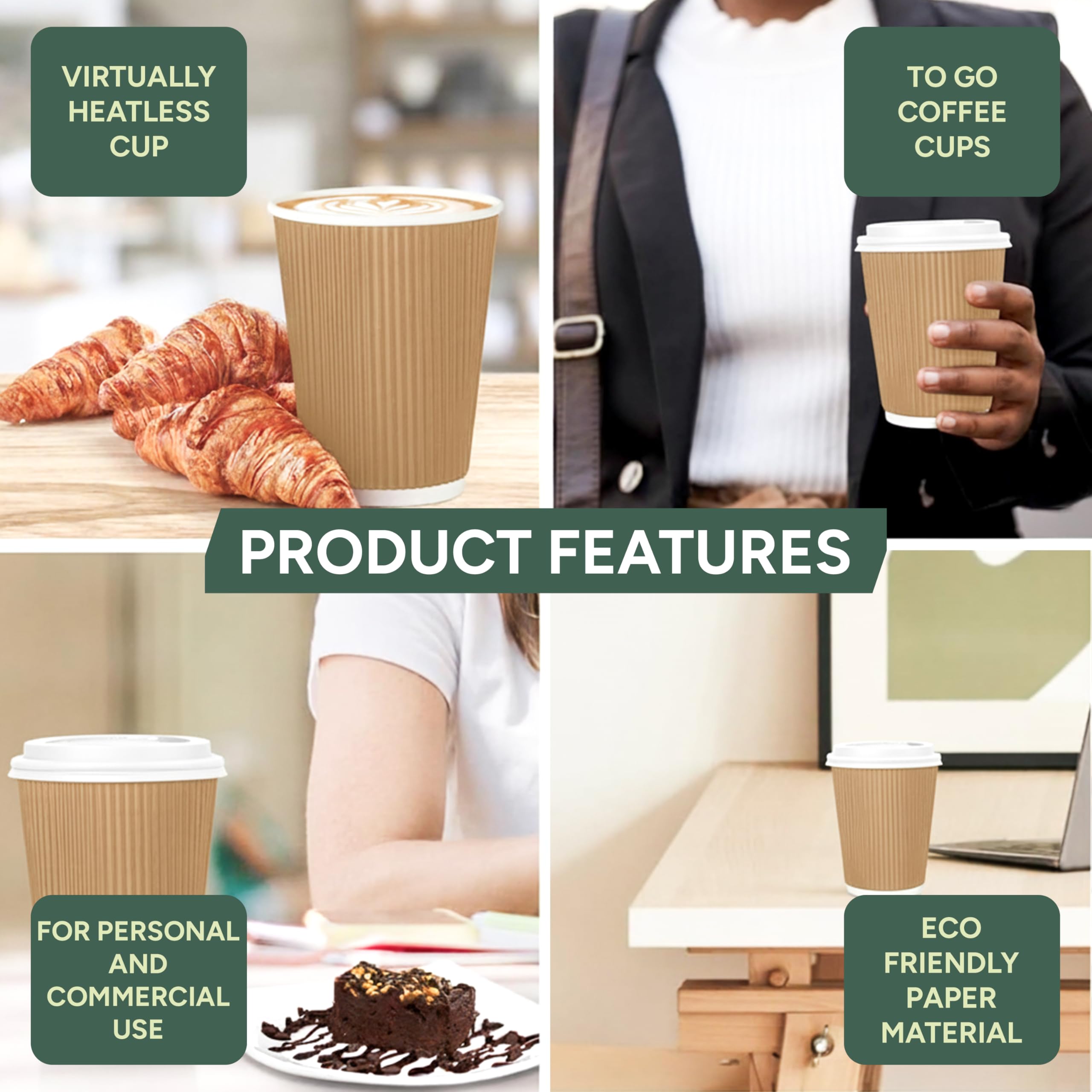 Zuvo | 100 x 8oz Coffee Cups with Lids | Triple Wall Ripple Kraft Paper Hot Cups