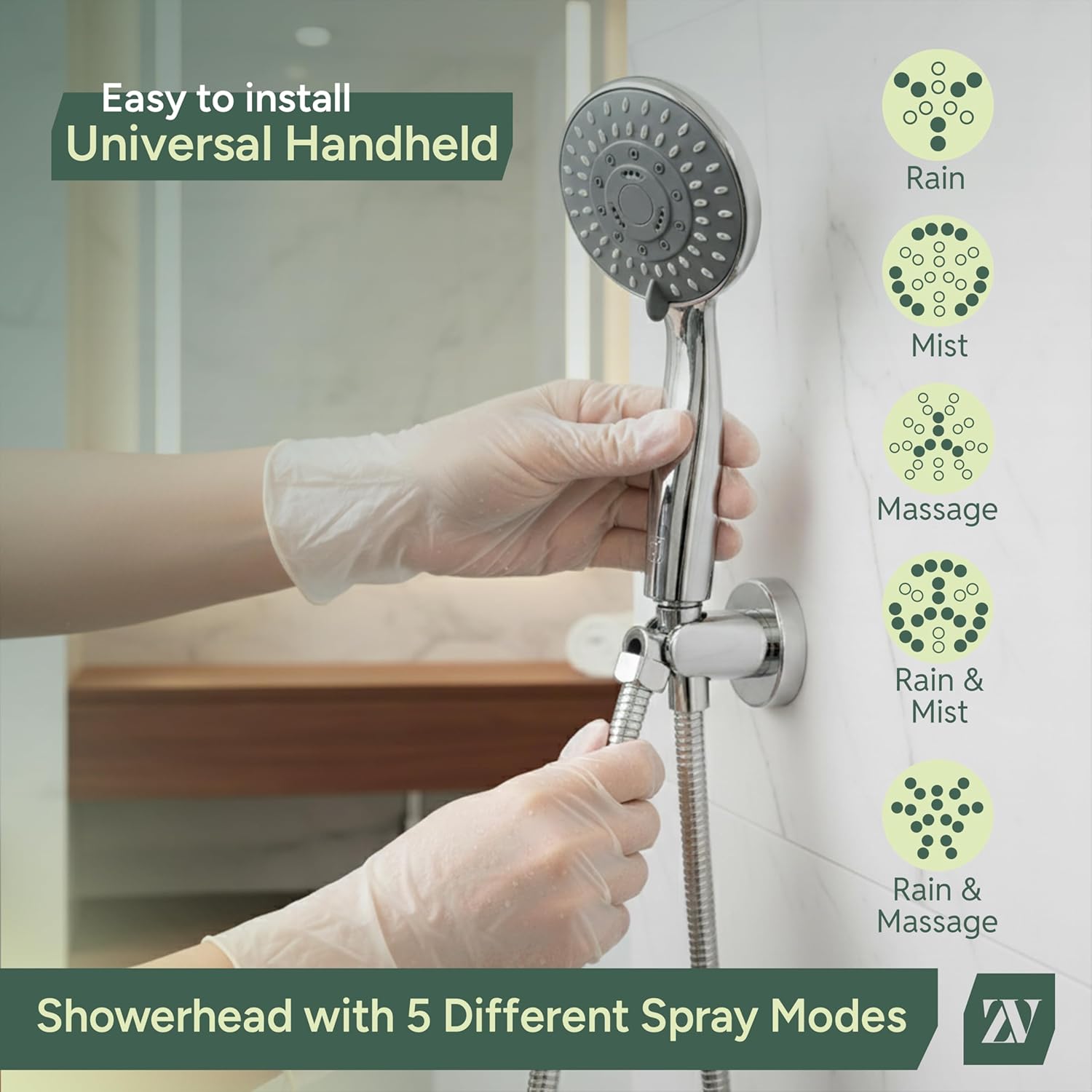 Zuvo Adjustable High Pressure Shower Head Universal Handheld Showerhead with 5 Spray Modes Powerful Chrome Replacement for Low Pressure