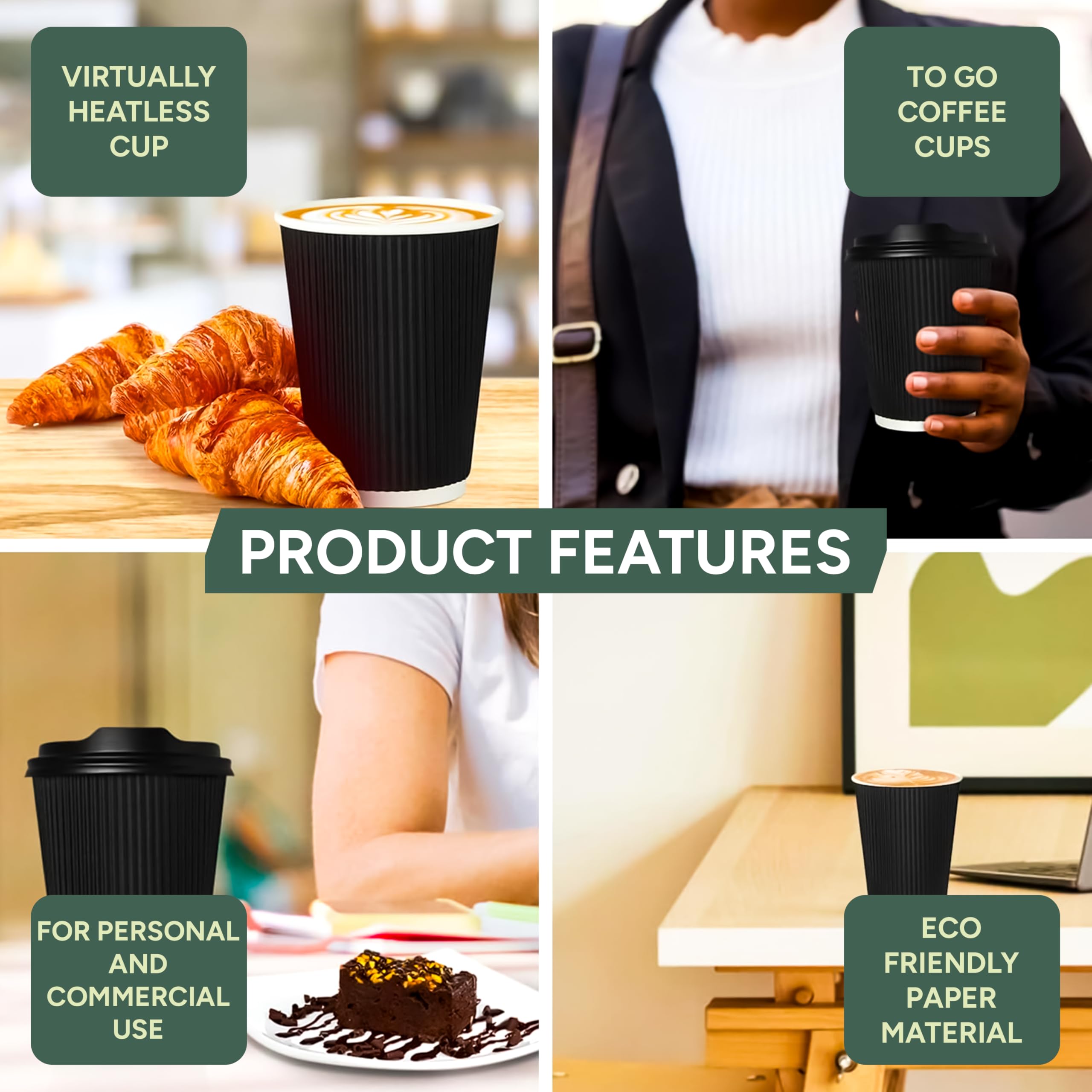 Zuvo | 100 x 12oz Black Ripple Coffee Cups with Lids | Triple Wall Hot Drink Cups