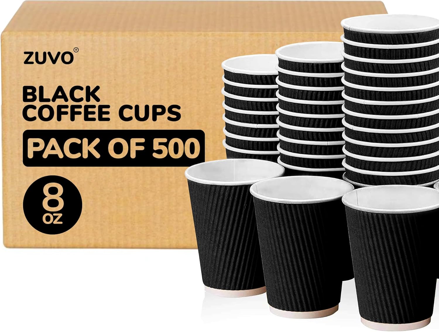 Zuvo Takeaway Coffee Cups 8oz 500 Pack Triple Wall Ripple Paper Cups Without Lids Bulk Disposable