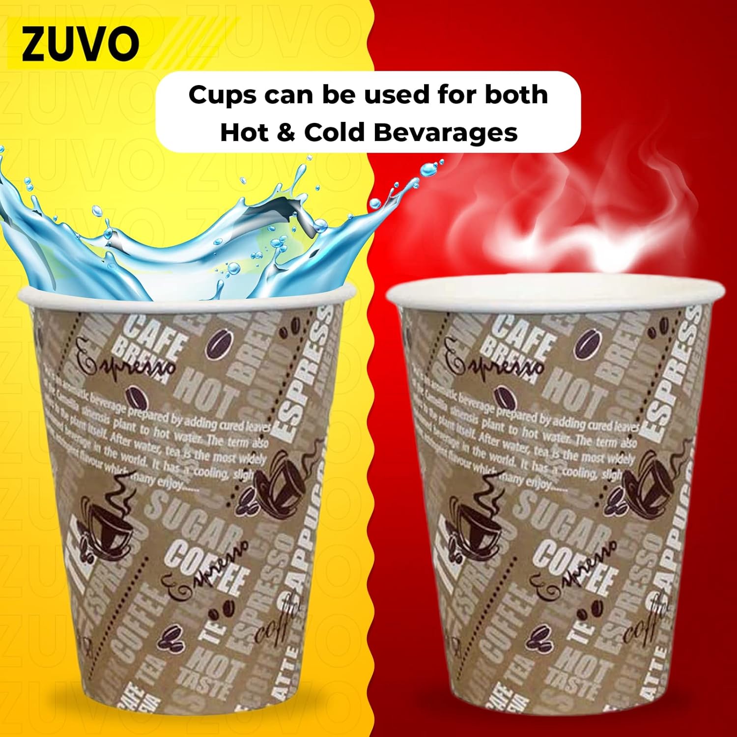 Zuvo Paper Coffee Cups 8oz - (50 Pack) - Printed Paper Cups for Hot & Cold Drinks - Eco Friendly Disposable Cups - 228ml