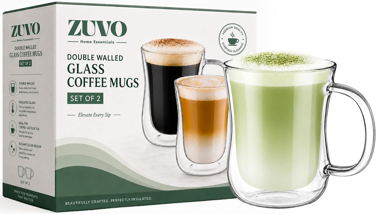 Zuvo Double Walled Glass Mugs Set of 2 Insulated Coffee Cups for Hot and Cold Drinks